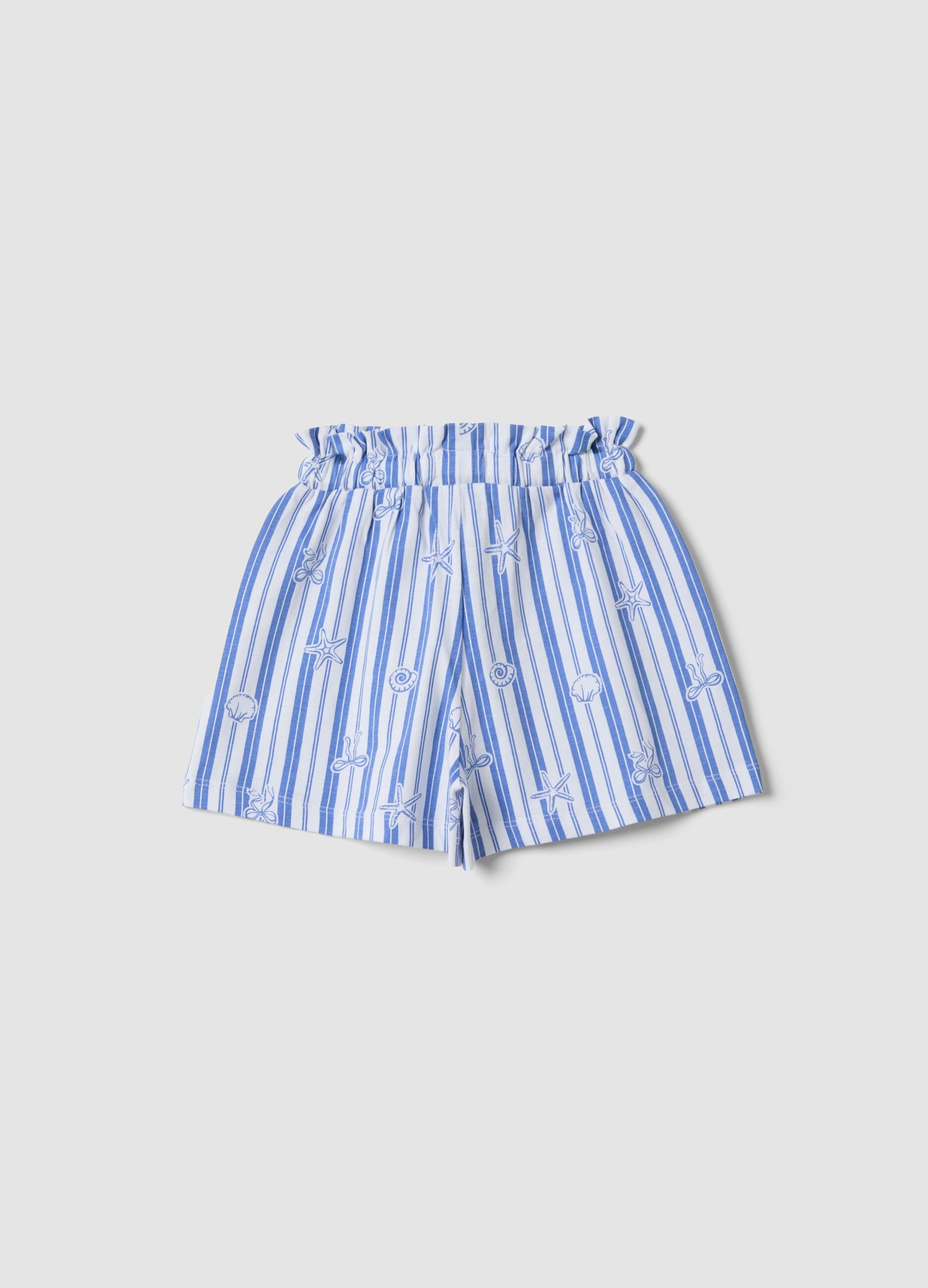 Girls&rsquo; pure cotton shorts with white and light blue stripes and prints