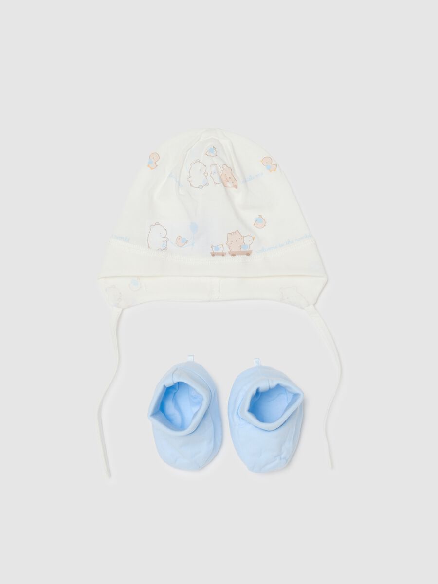 Multicolour baby hat and shoes set in pure cotton_0