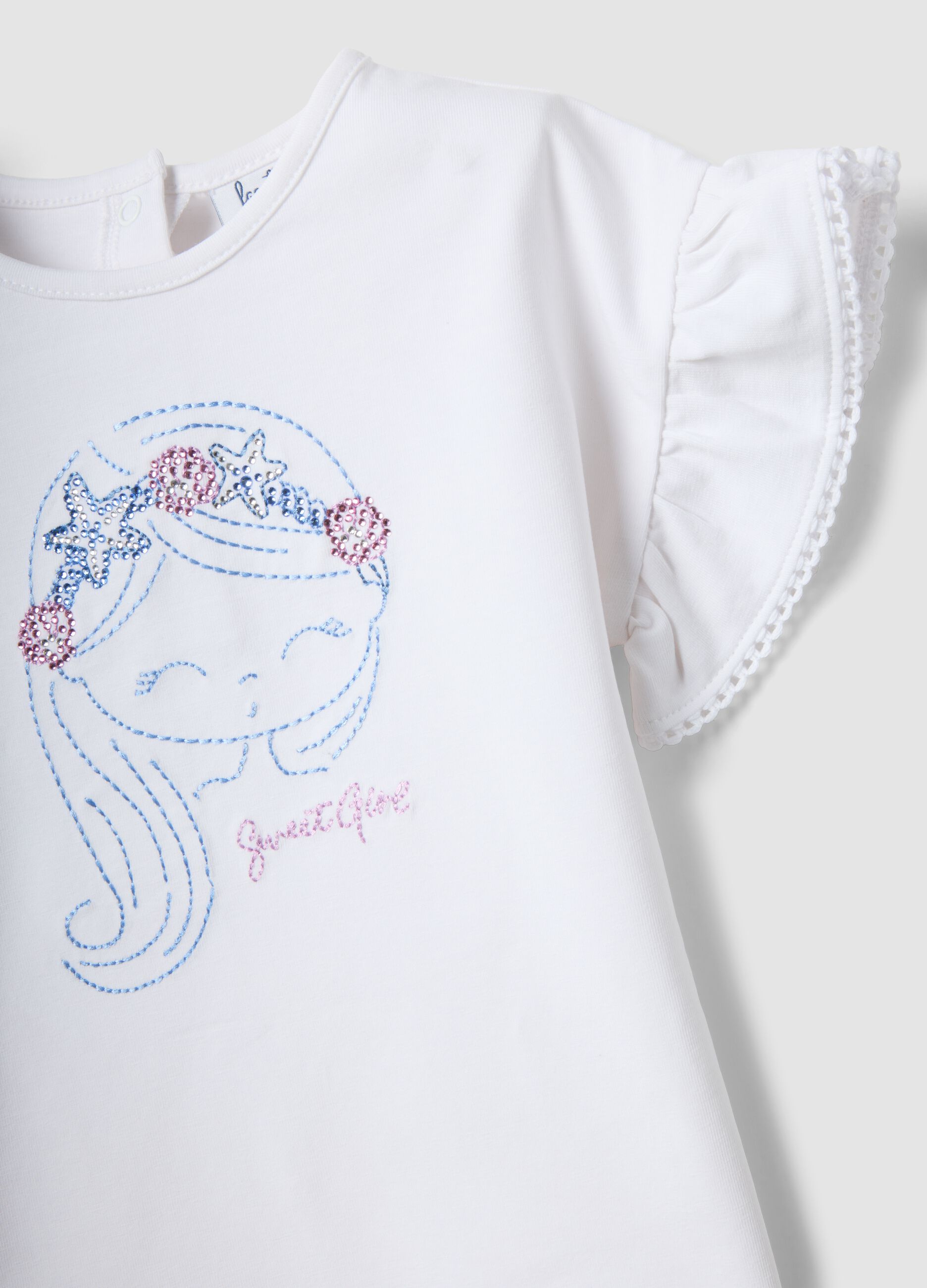 White stretch cotton T-shirt with short ruffle sleeves for baby girl, regular fit