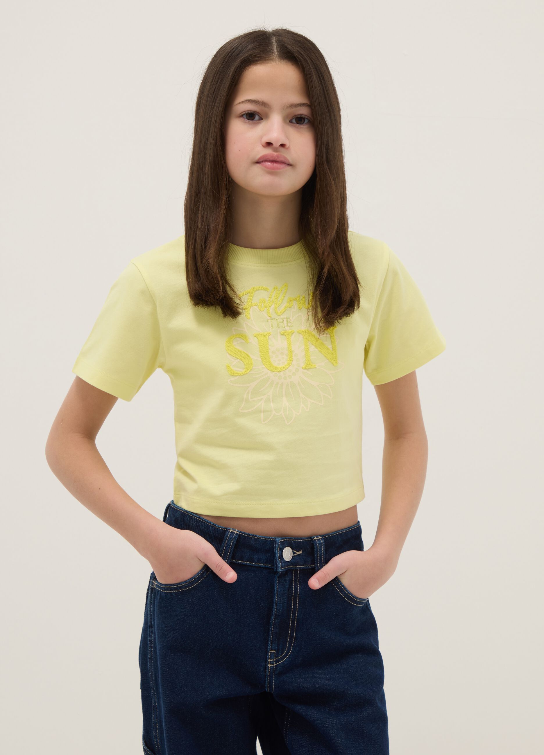 Girl's Yellow Pure Cotton Regular Fit T-shirt with Print