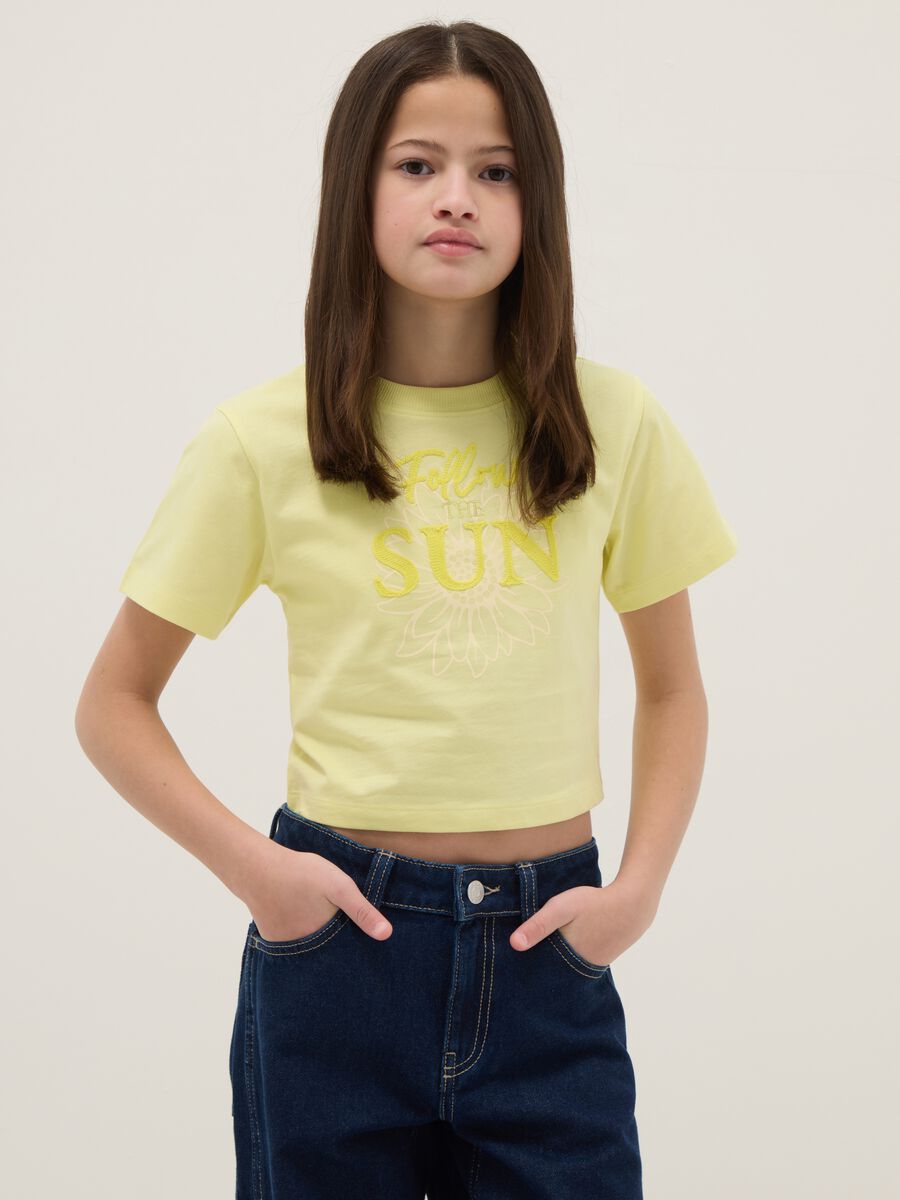 Girl's Yellow Pure Cotton Regular Fit T-shirt with Print_0