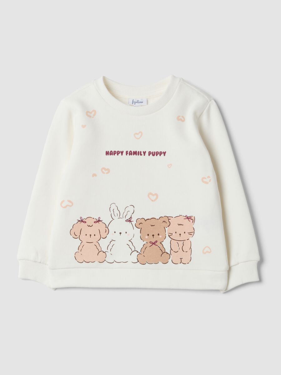 White pure cotton sweatshirt with crew neck and print_0