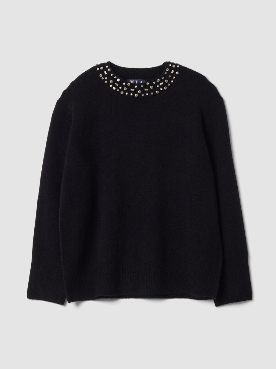 Black stretch wool-blend jumper with rhinestones, regular fit_0