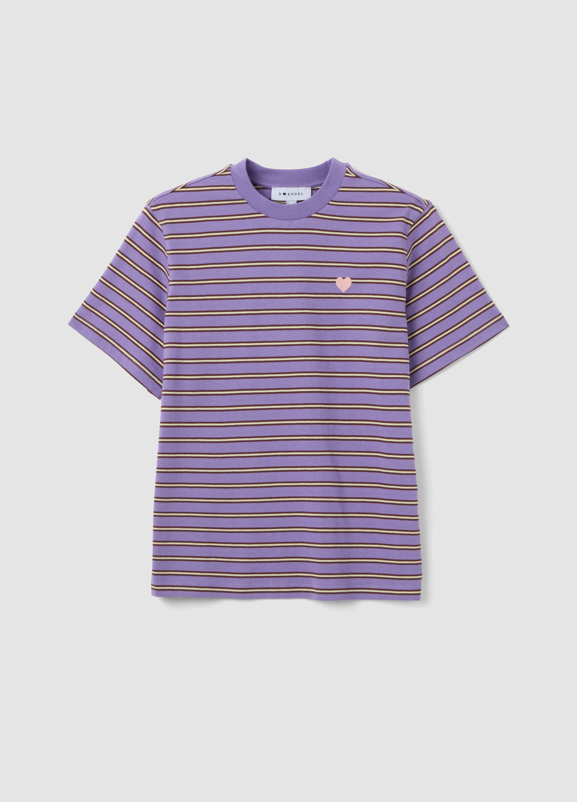 Purple relaxed-fit pure cotton striped T-shirt with embroidered heart