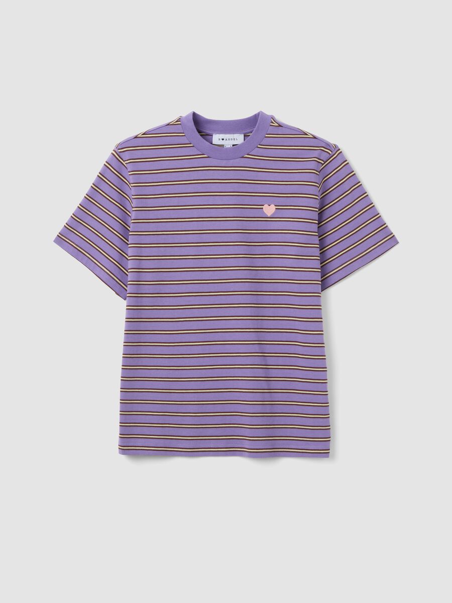 Purple relaxed-fit pure cotton striped T-shirt with embroidered heart_0