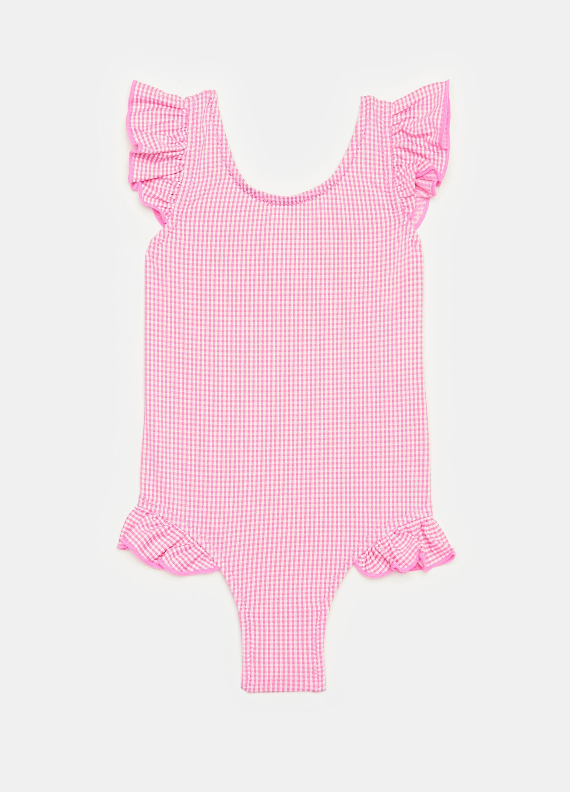 One-piece swimsuit with gingham pattern and flounce