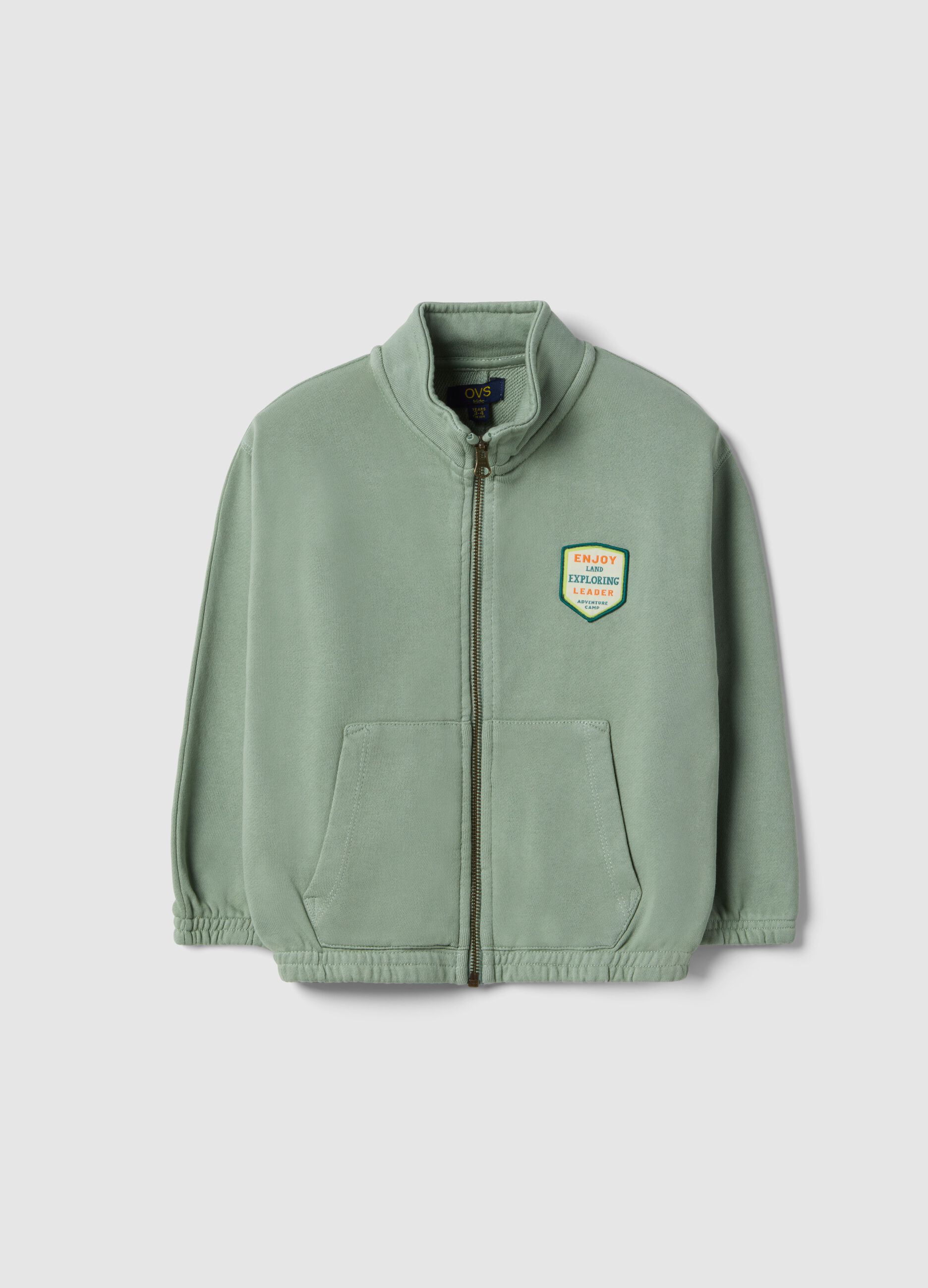 Green cotton blend kids' regular fit sweatshirt with zip and large pockets