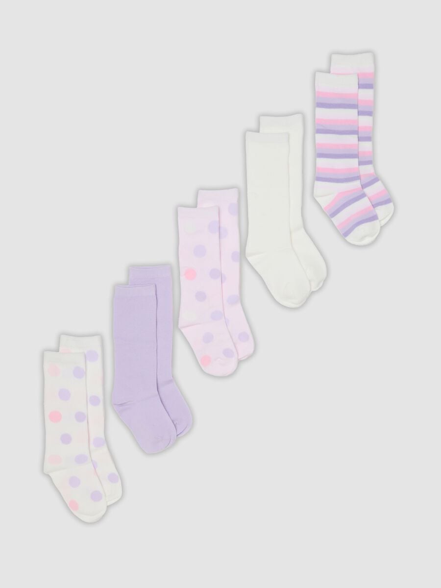 Pack of five long socks in white, lilac purple and light pink in stretch organic cotton_0