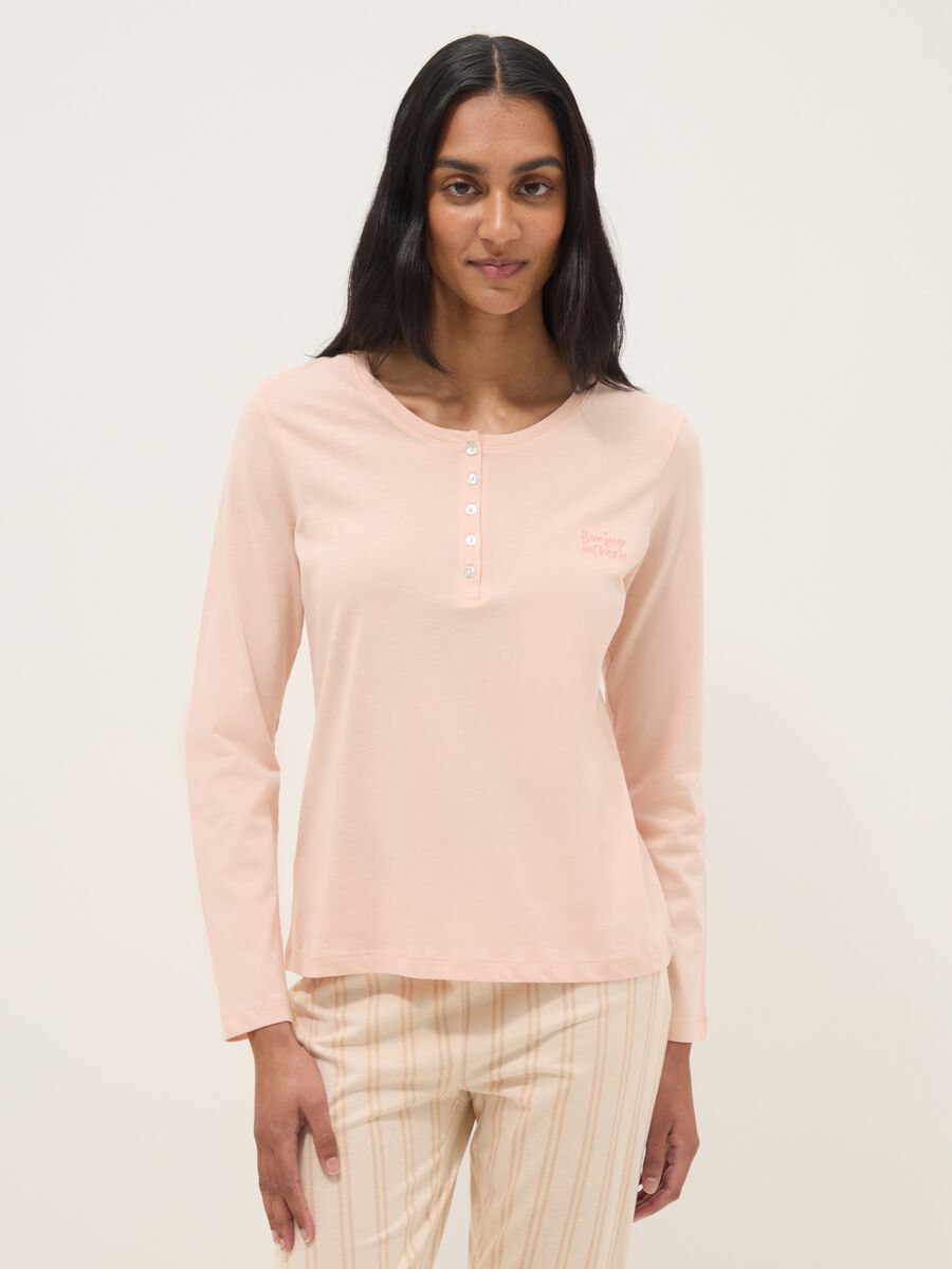 Pink pure cotton pyjamas with regular fit and Henley neckline_1
