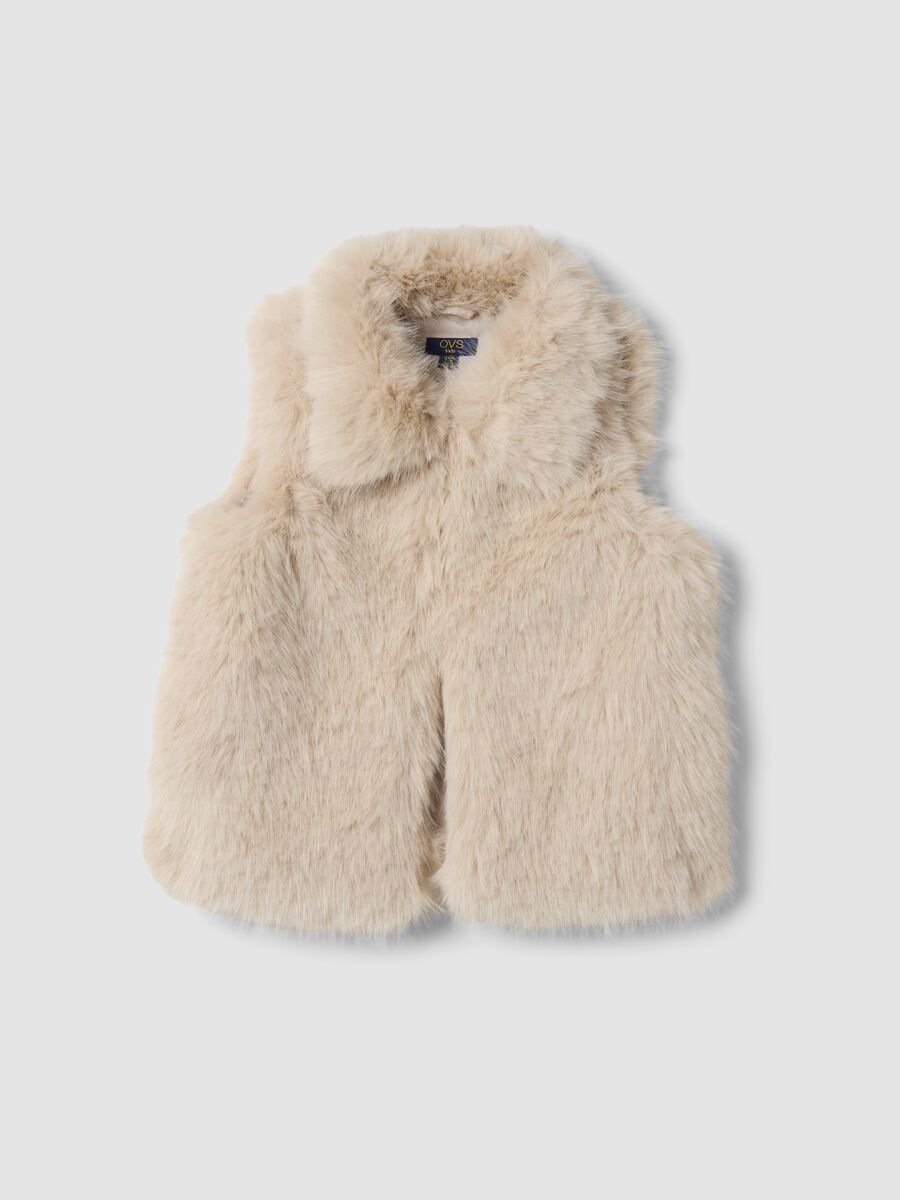 Beige gilet with wide collar and teddy effect_0