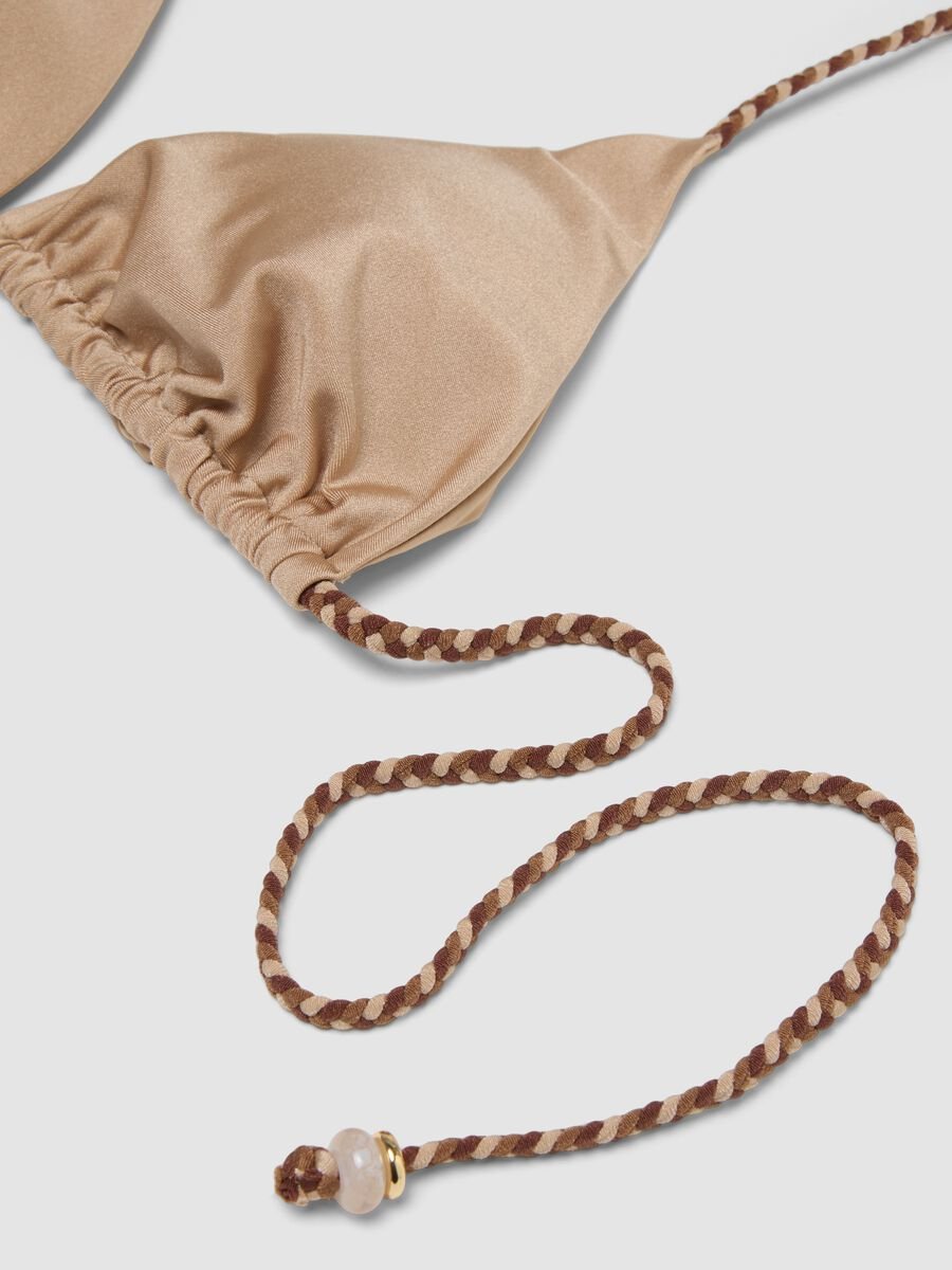 Beige triangle bikini top in stretch fabric with braided tie straps_5