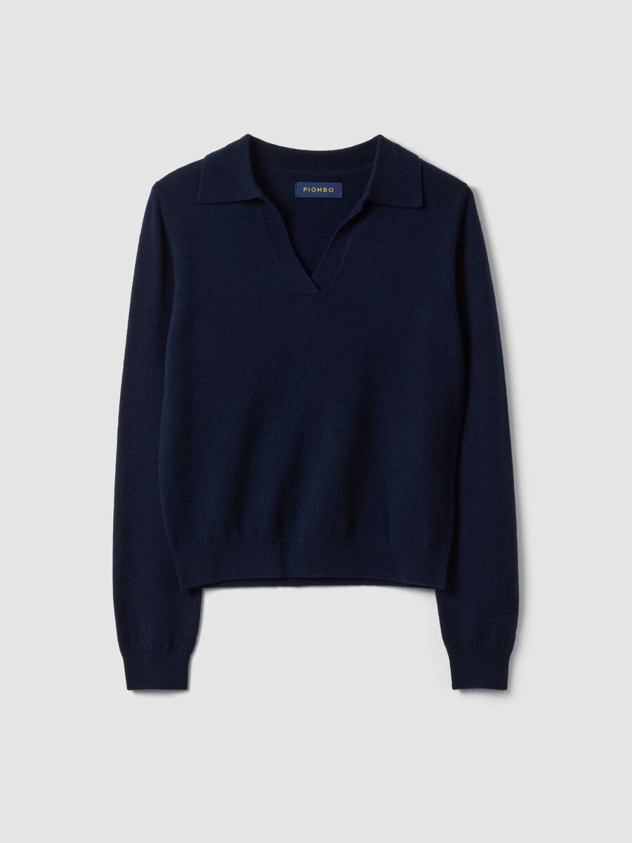 Maglia blu in pura lana con colletto polo_0