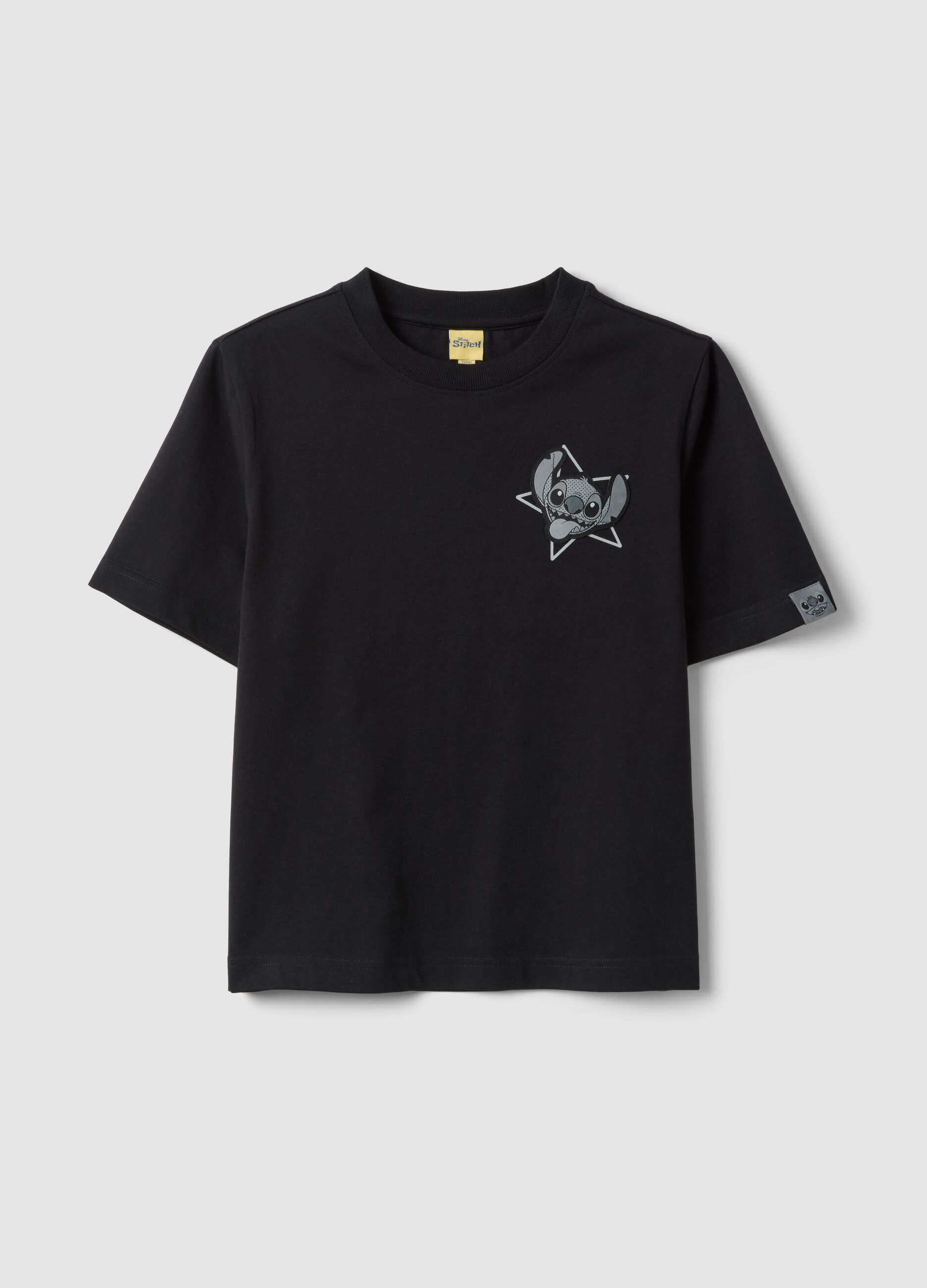 Girls&rsquo; black boxy-fit pure cotton T-shirt with Lilo & Stitch print