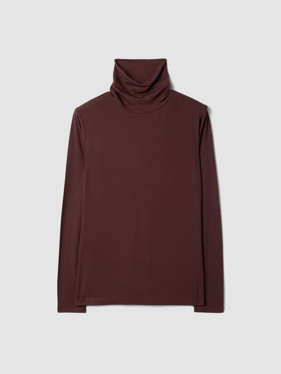 Brown stretch viscose top with high neck, regular fit_0