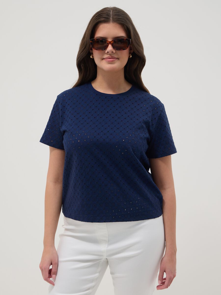 Camiseta azul de mezcla de algod&oacute;n calada_1