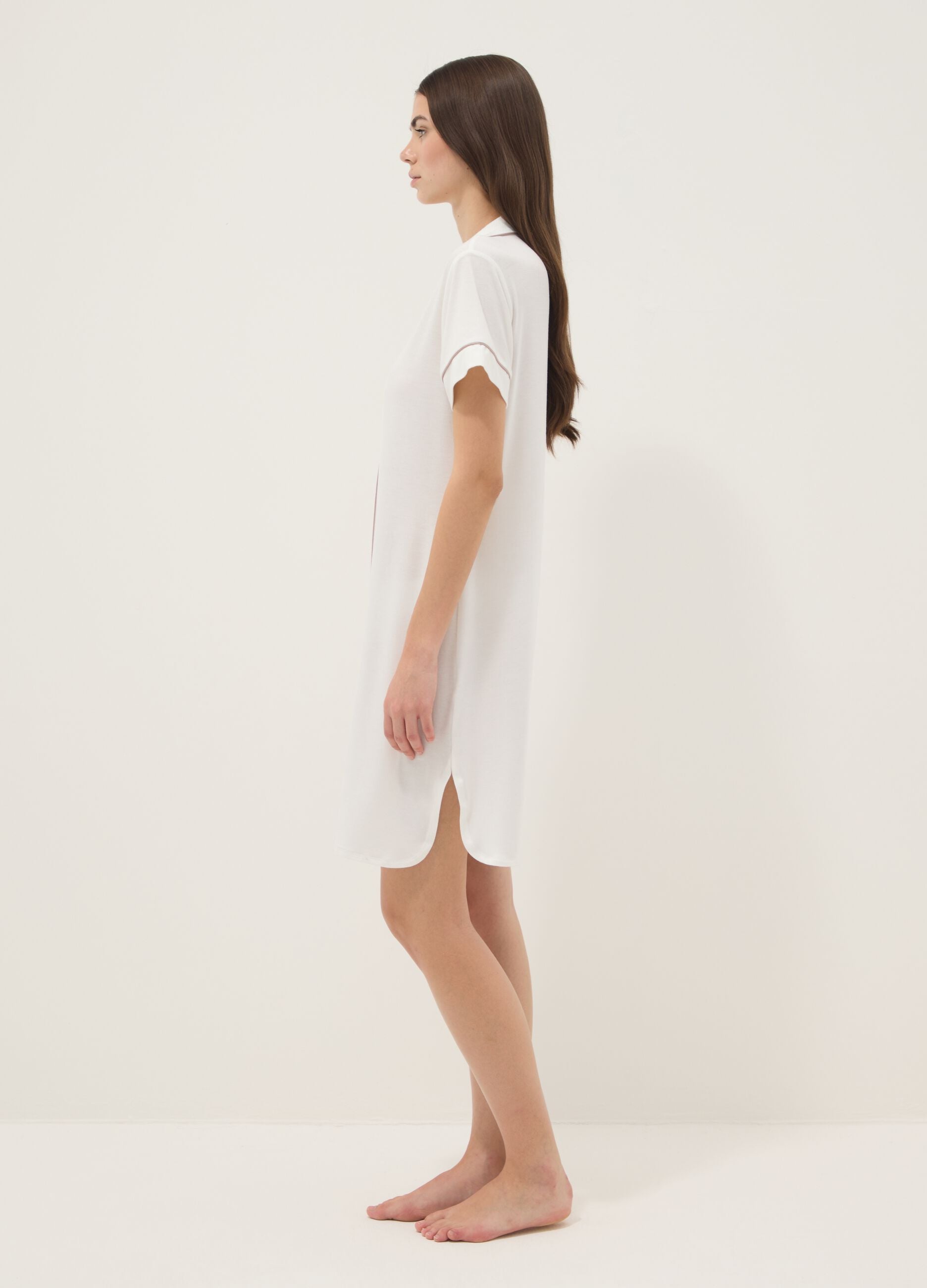 White Stretch Viscose Blend Nightdress with V-Neck