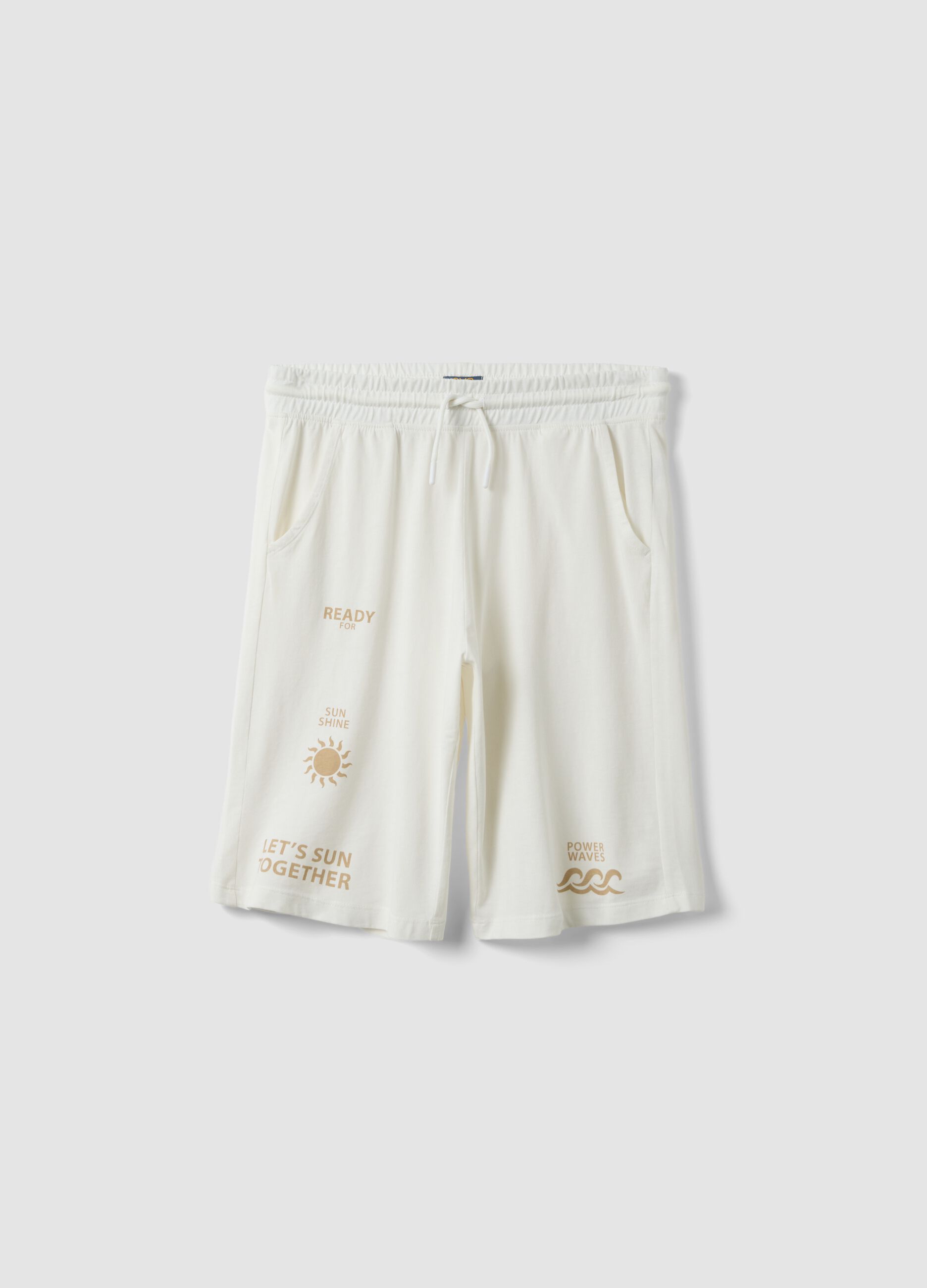 Boys' pure cotton white shorts, regular fit, with prints