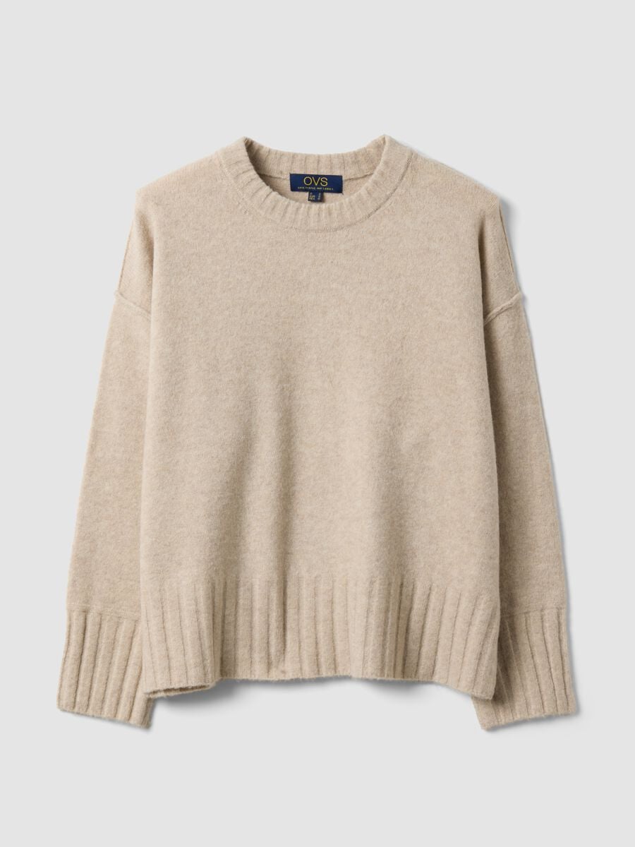 Maglione beige in tessuto elasticizzato girocollo_4