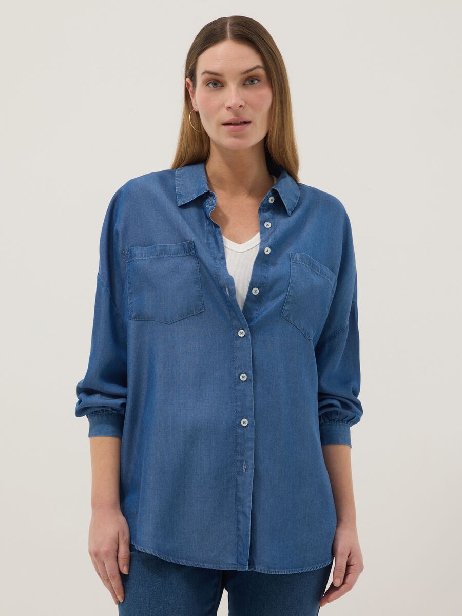 Maternity shirt in pure blue lyocell regular fit with buttons_0