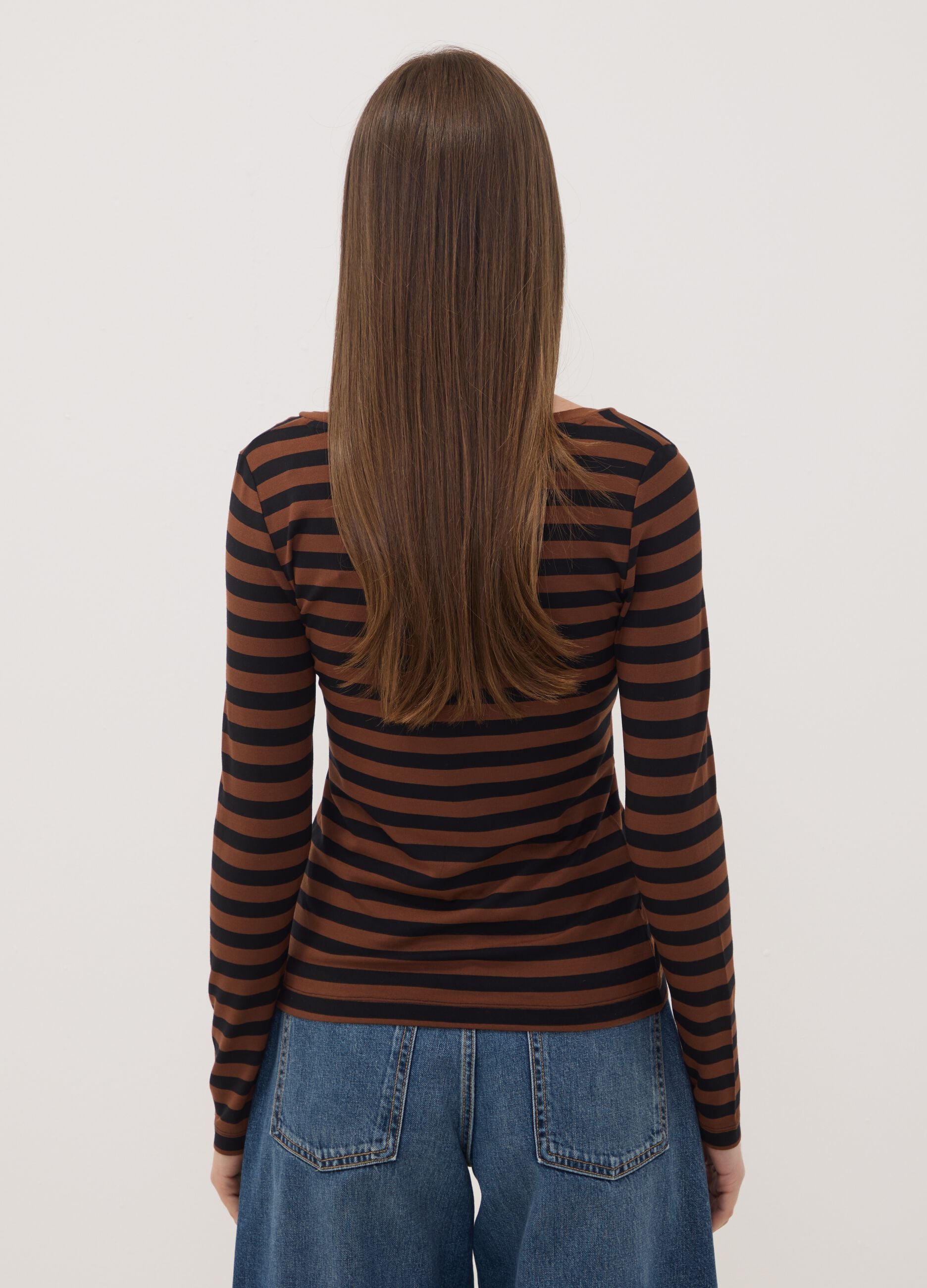 Brown slim-fit striped stretch viscose crew-neck T-shirt