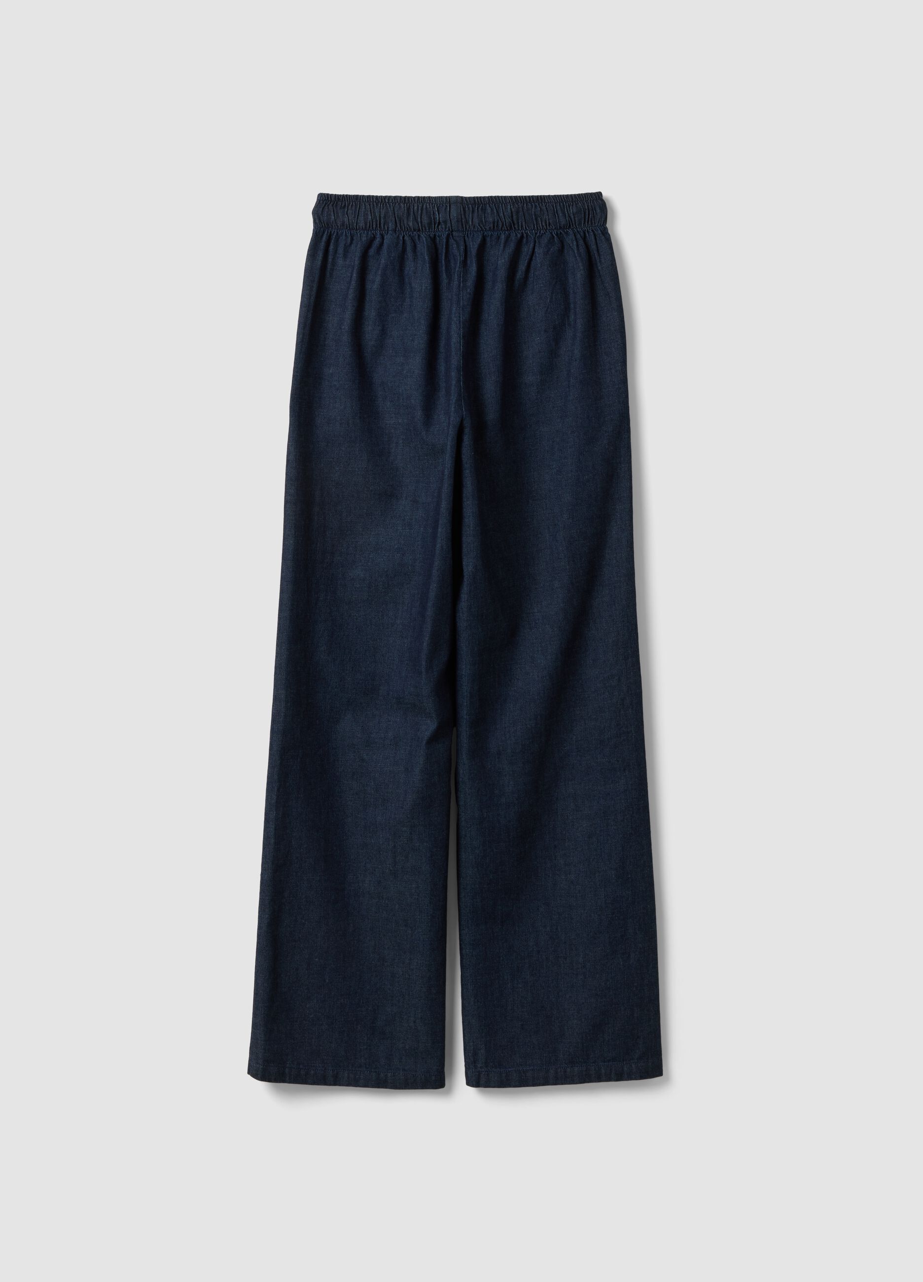 Pantaloni denim blu in puro cotone wide leg con coulisse