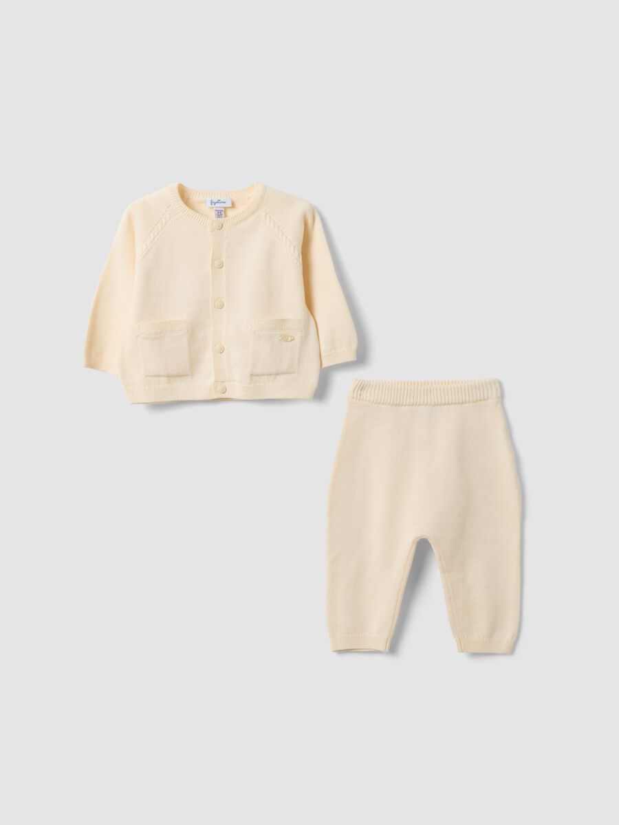 Beige organic cotton knit set with cardigan and trousers_0