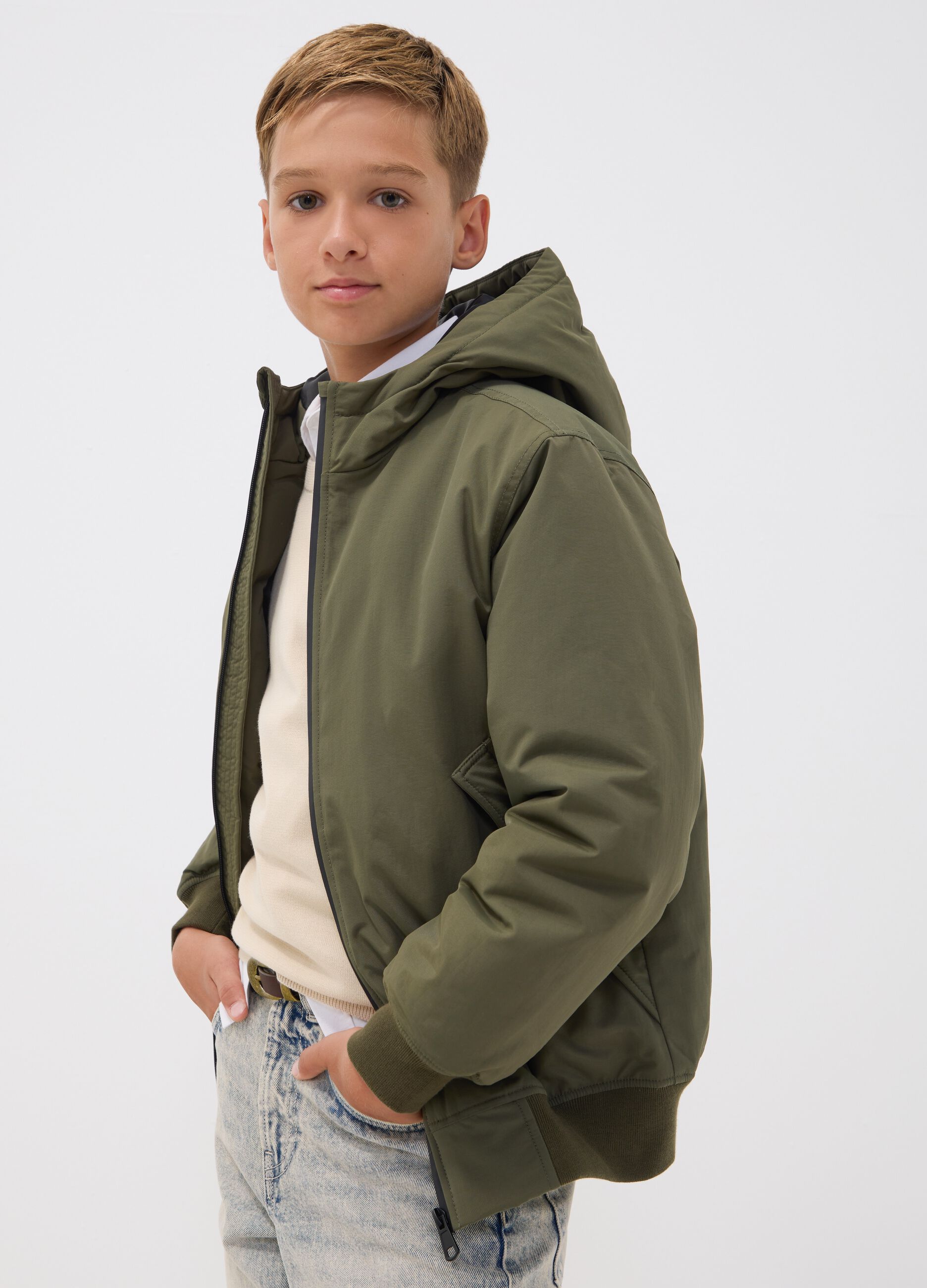Green waterproof hooded bomber jacket with zip for boys
