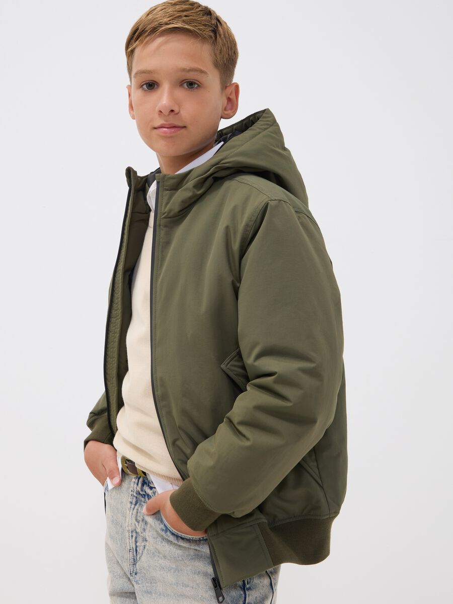Green waterproof hooded bomber jacket with zip for boys_2