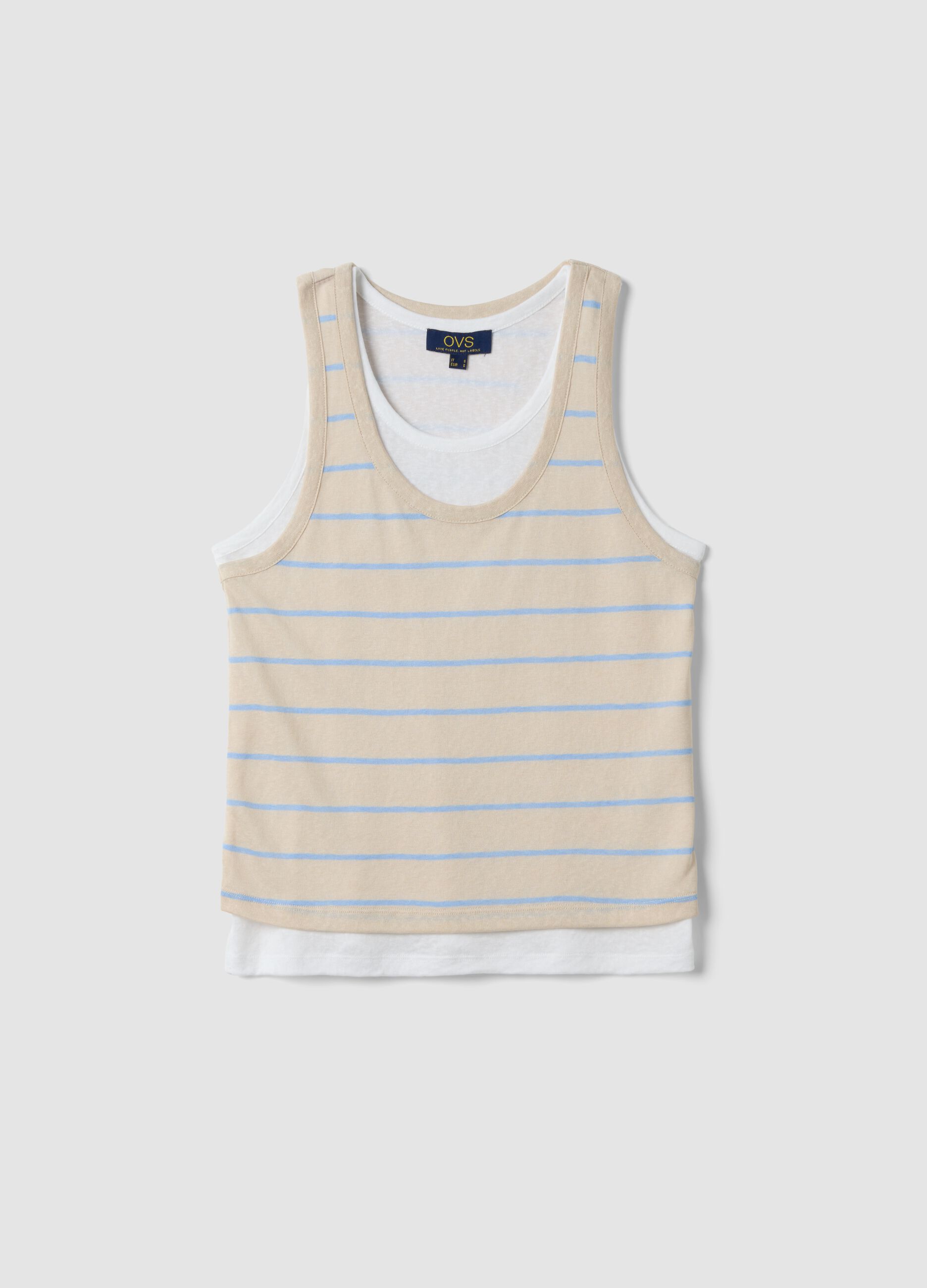 Beige striped viscose-blend tank top, regular fit