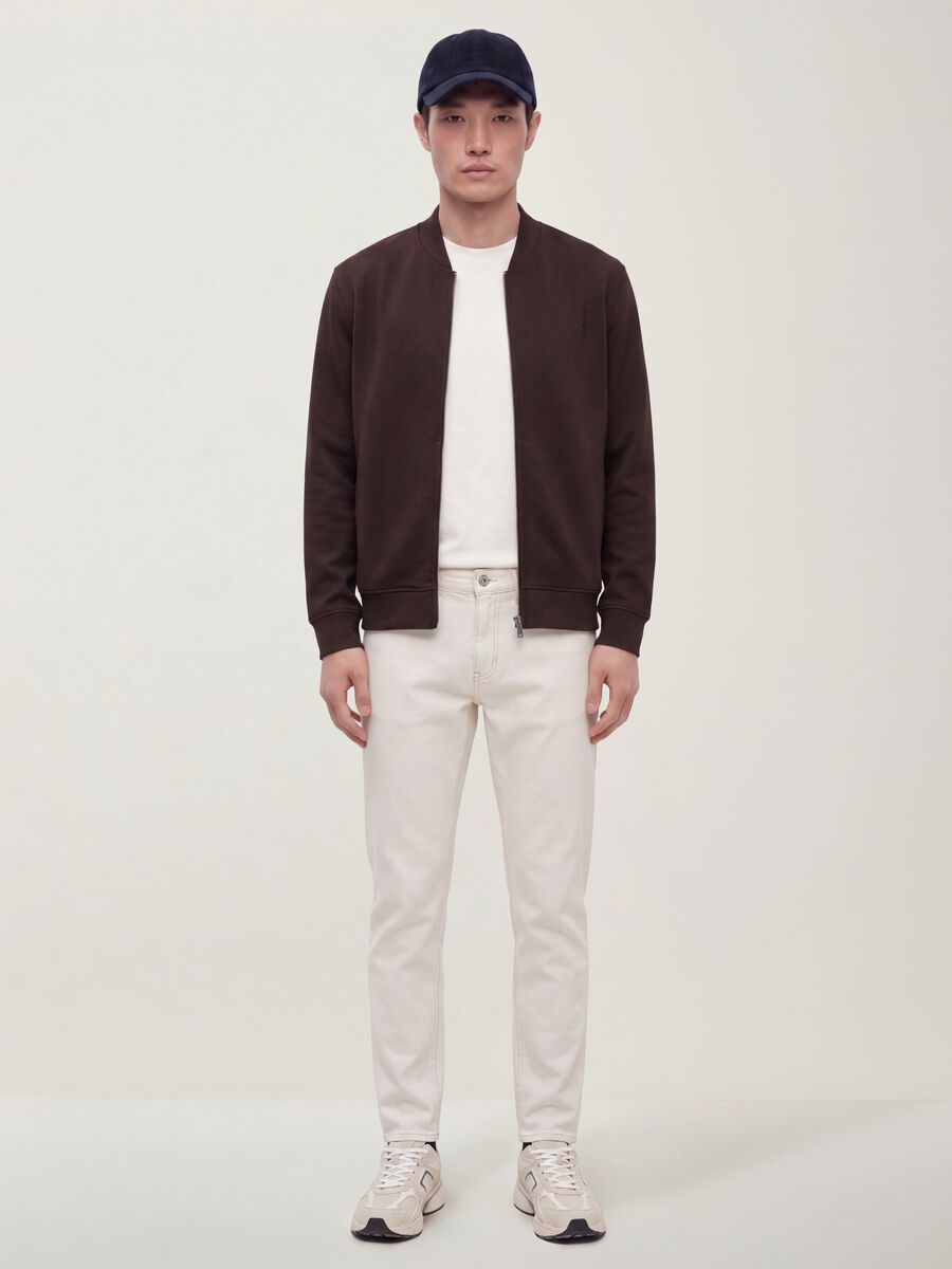 Brown full-zip sweatshirt in stretch piqu&eacute; with ribbed collar_2