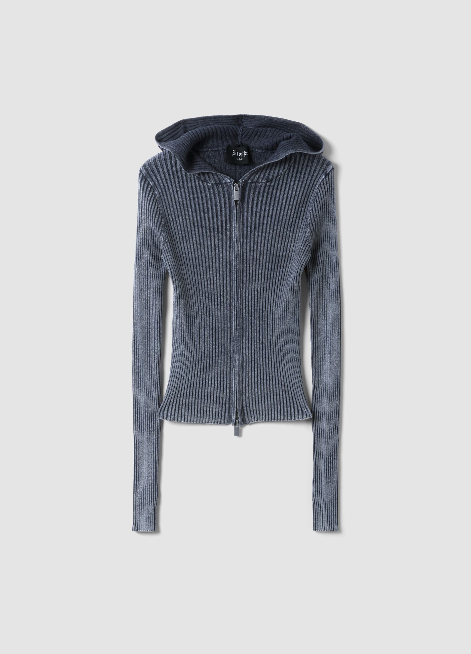 Gerippter Strick-Hoodie in Vintage-Grau