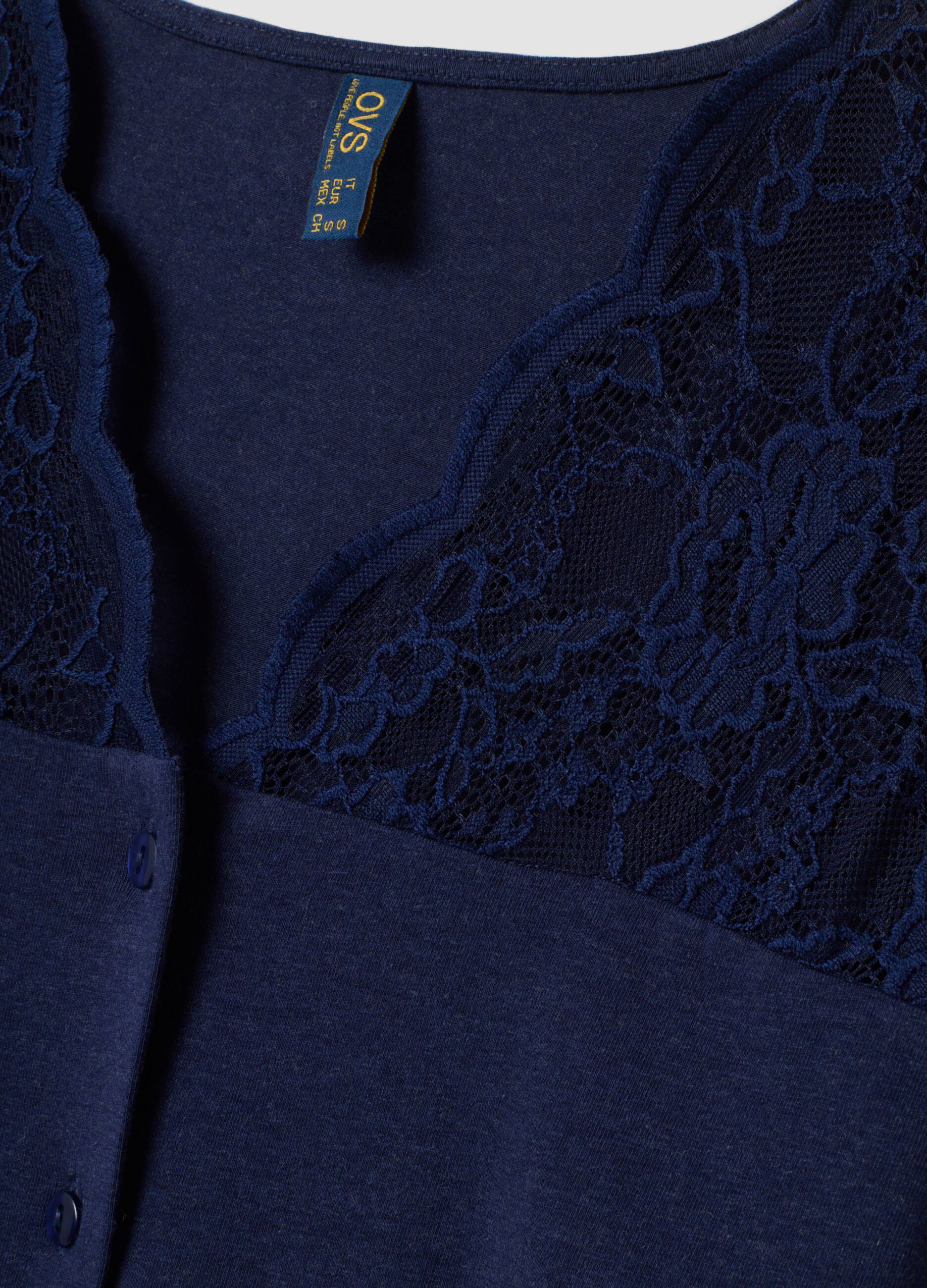 Blue V-neck pyjama top in stretchy cotton, lyocell and wool
