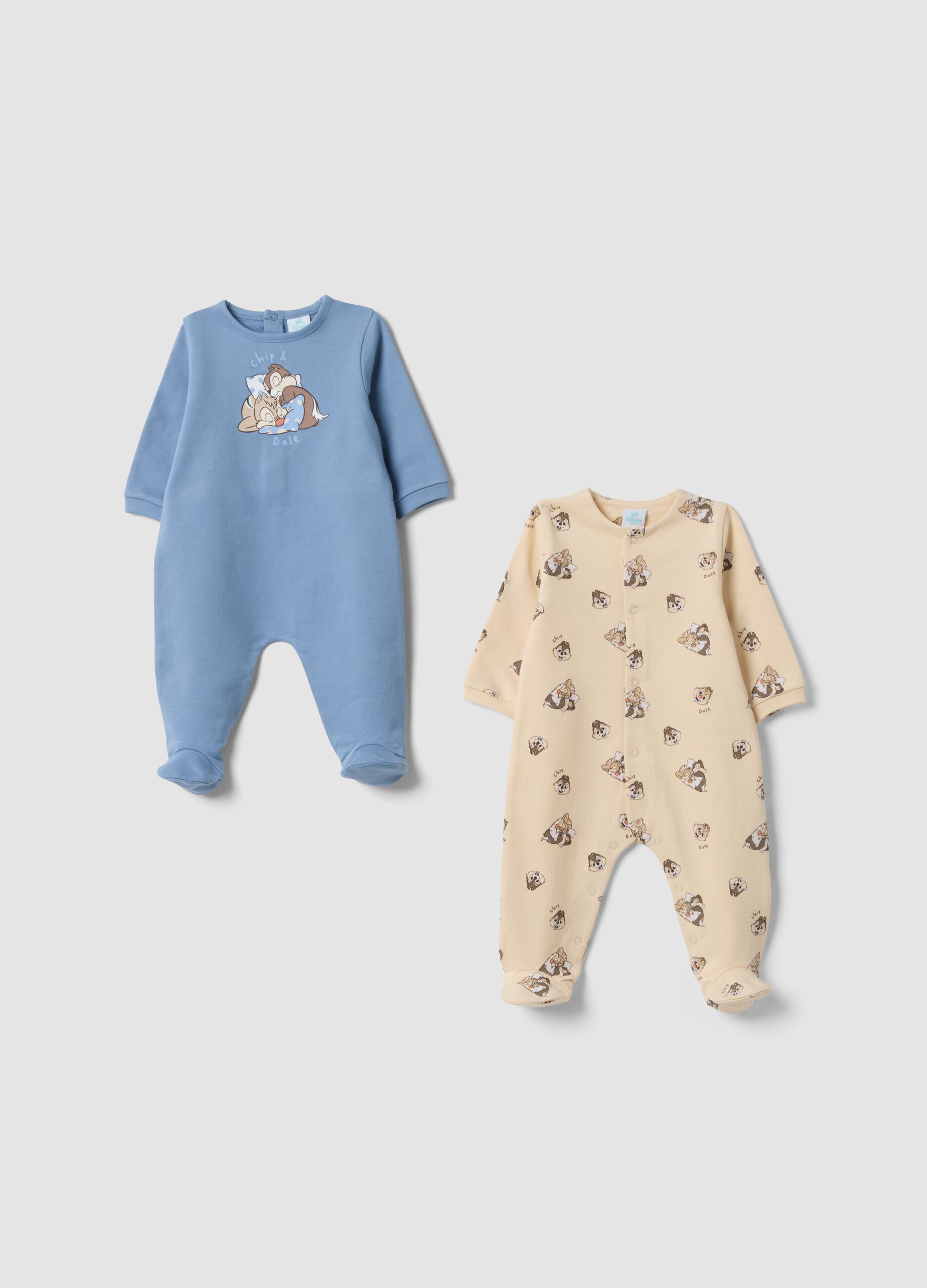 Pack de 2 babygrows em azul e bege em algod&atilde;o org&acirc;nico puro com estampado Chip e Dale