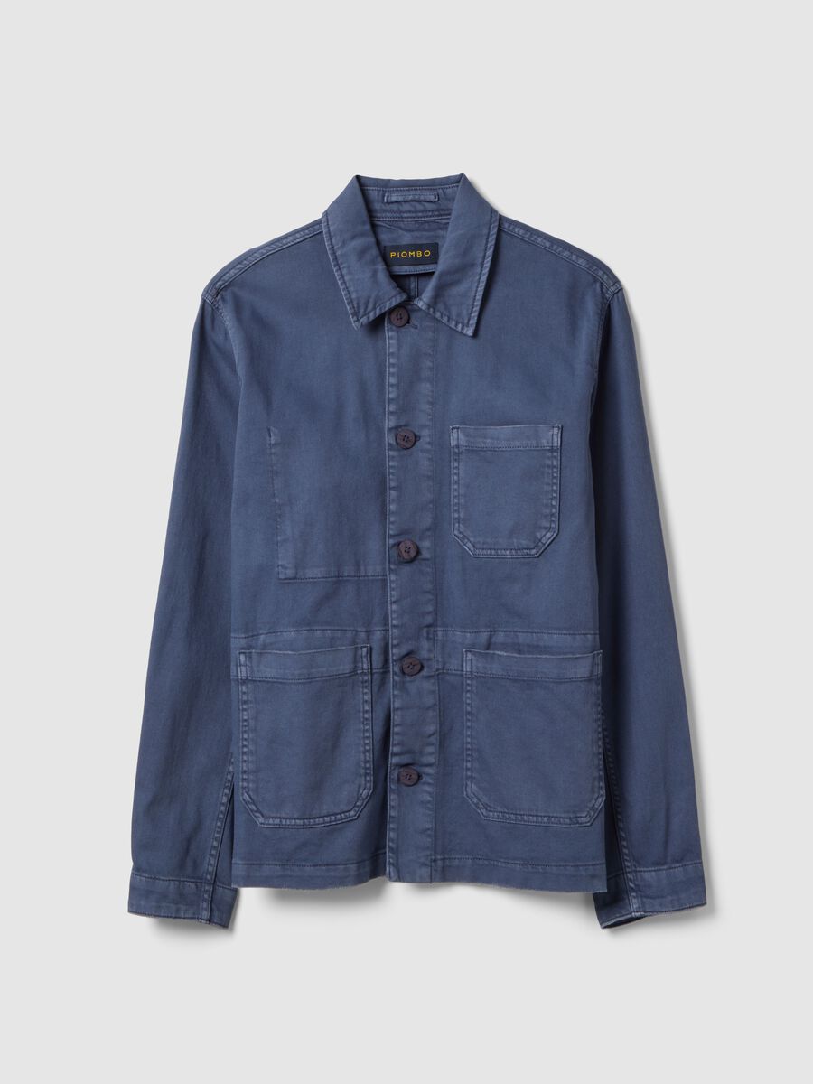 Regular fit blue stretch cotton jacket with collar and buttons_4