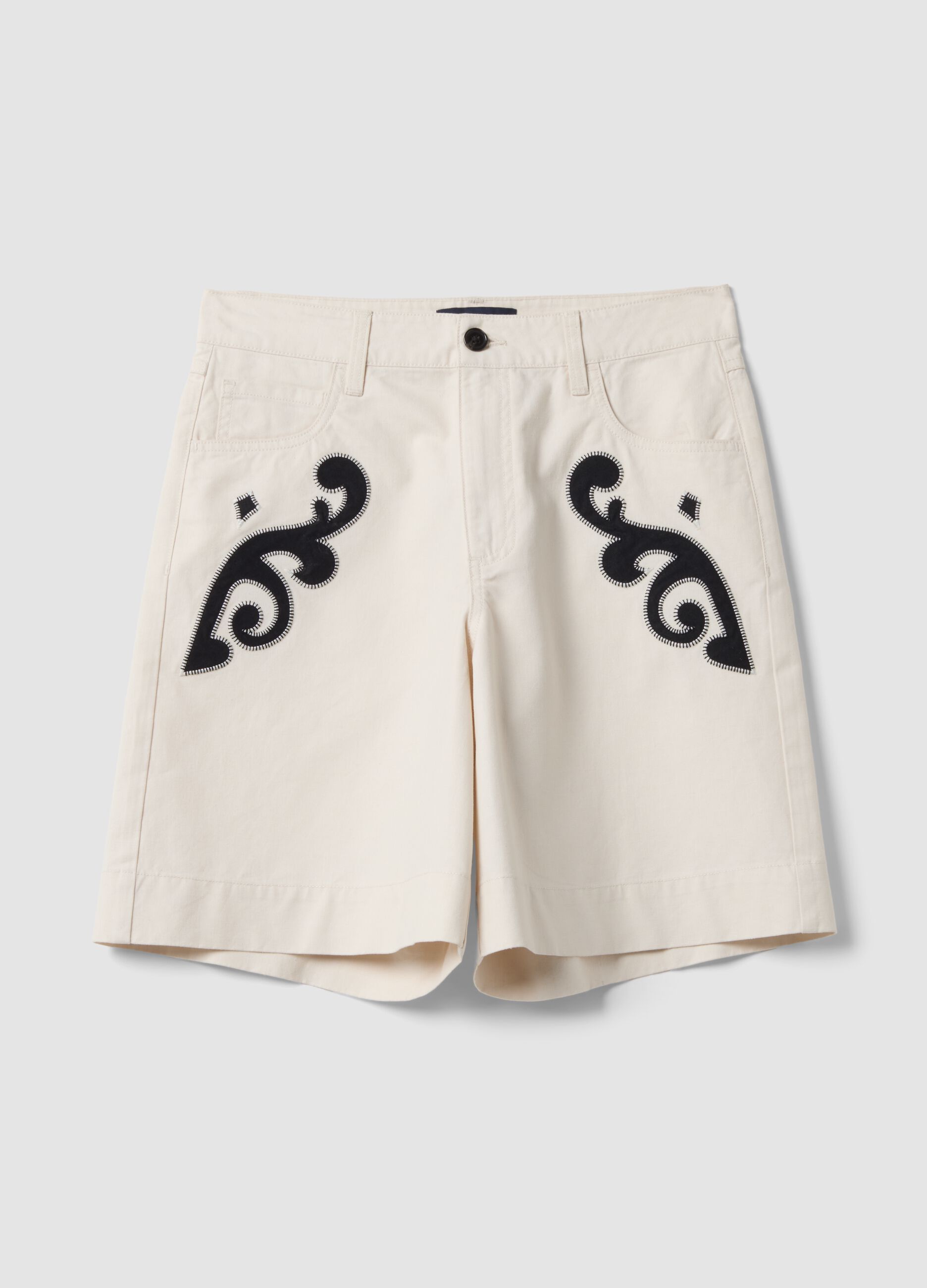 Shorts bianchi in misto lino e lyocell con ricami a contrasto regular fit