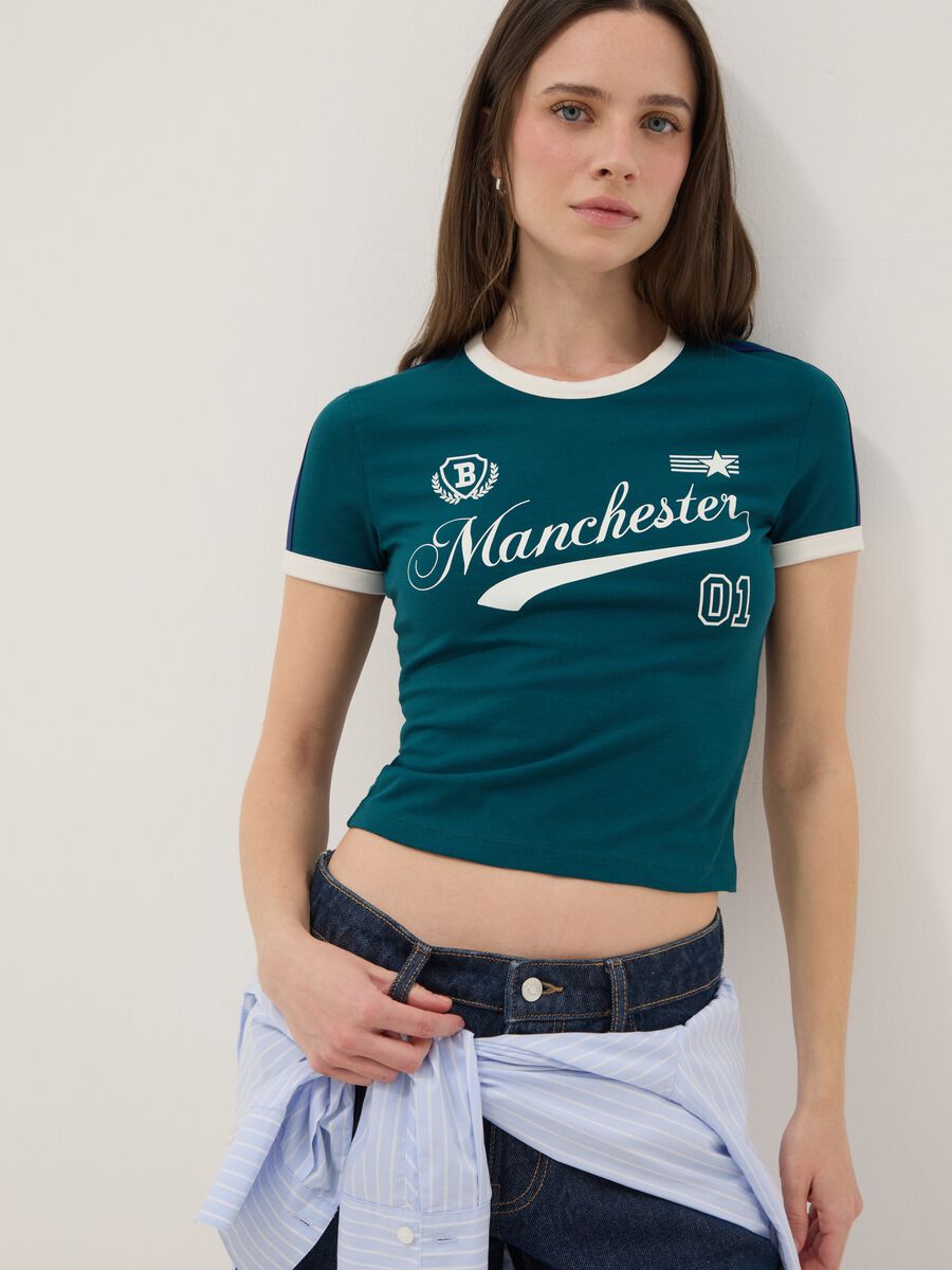 Gr&uuml;ne Slim Fit T-Shirt aus elastischer Baumwolle mit Druck_0