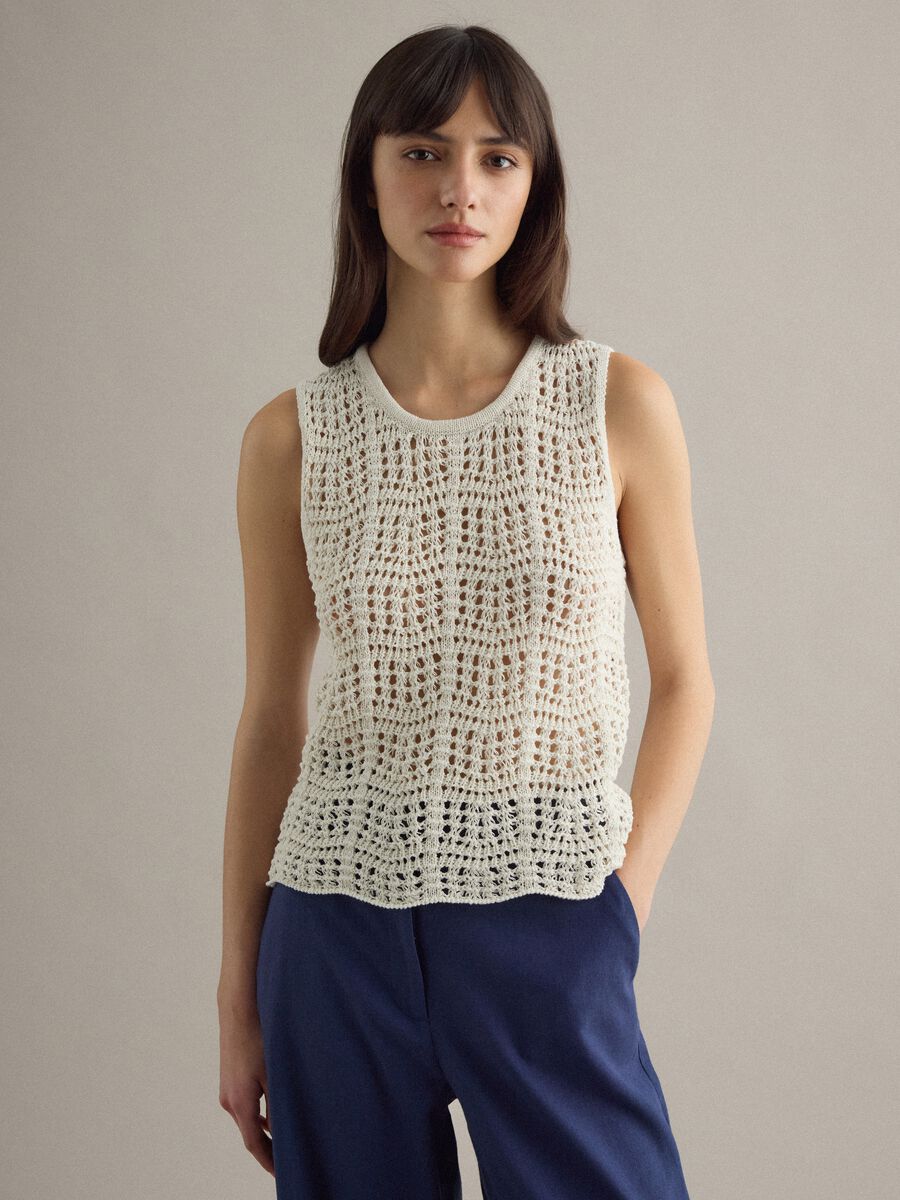 White cotton blend tank top regular fit with mesh texture_2