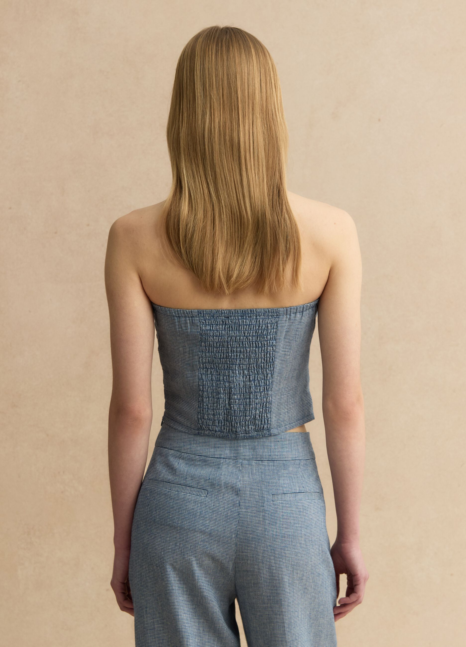 Slim-Fit Korsett aus Leinenmix mit weiss-blauem Karomuster