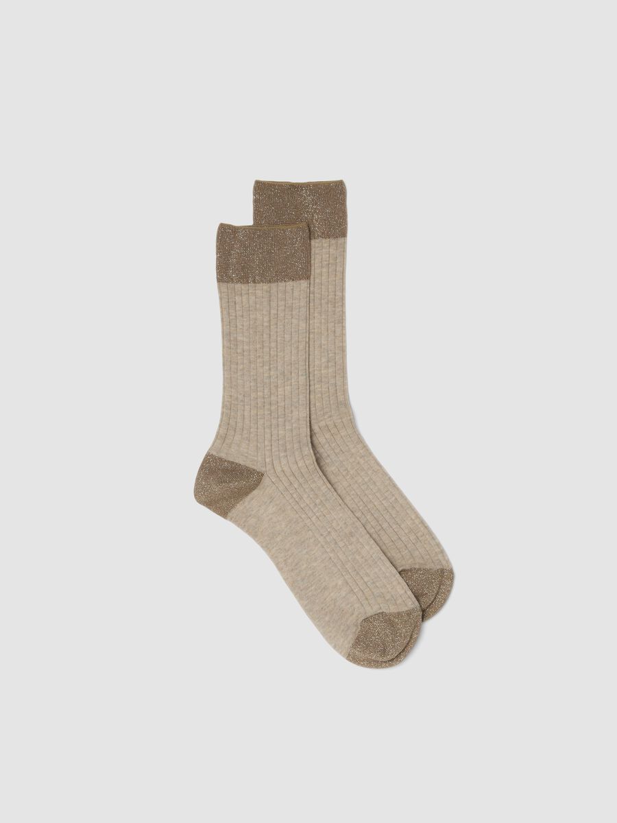 Beige ribbed stretch cotton socks_0
