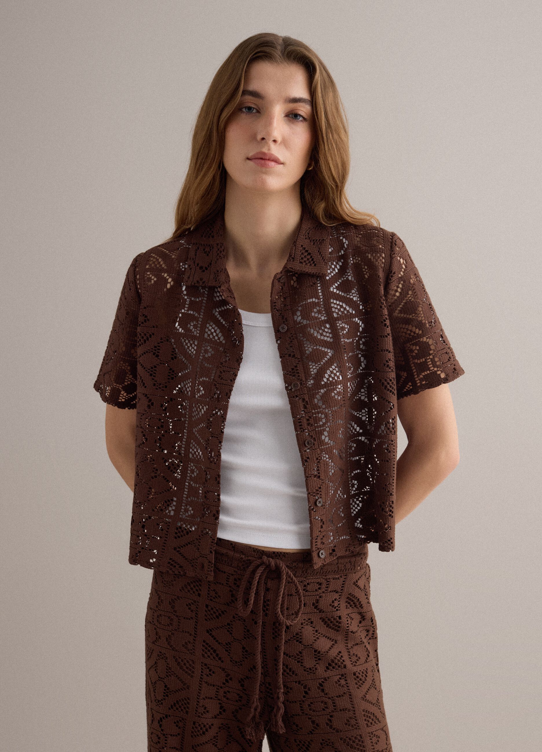 Brown open-knit short-sleeve polo shirt, regular fit