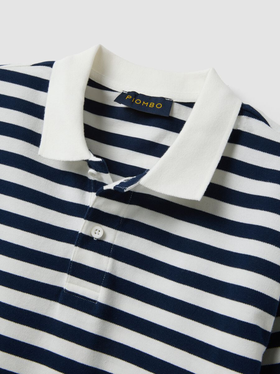 Blue and White Striped Pure Cotton Polo Shirt_5