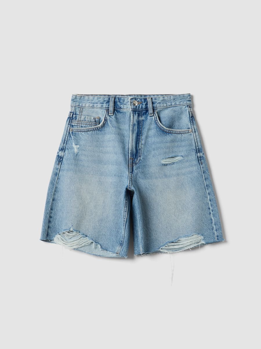 Azurblau Denim reine Baumwollshorts mit geradem Schnitt_4