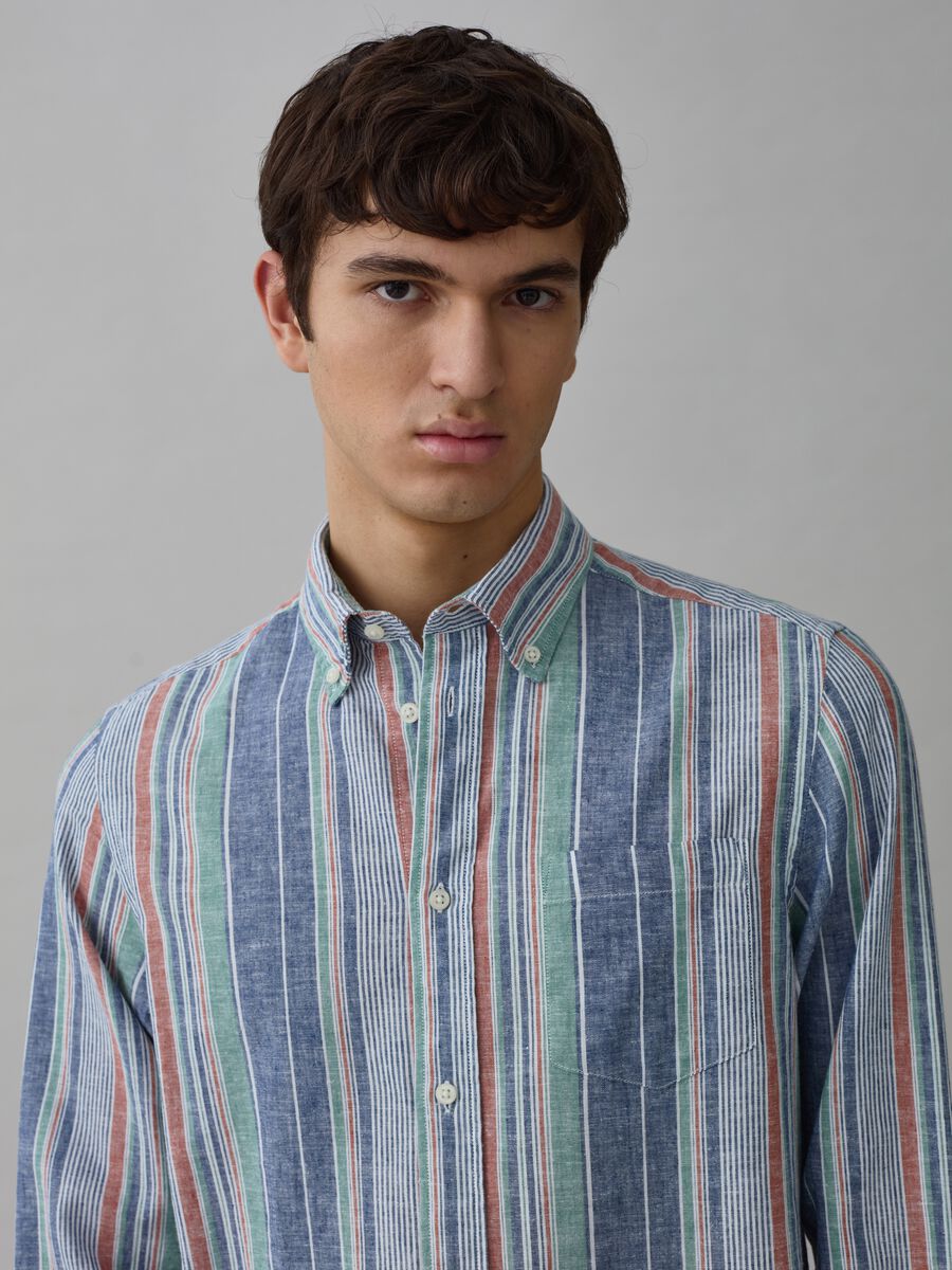 Camisa de lino y algodón de rayas multicolor_1