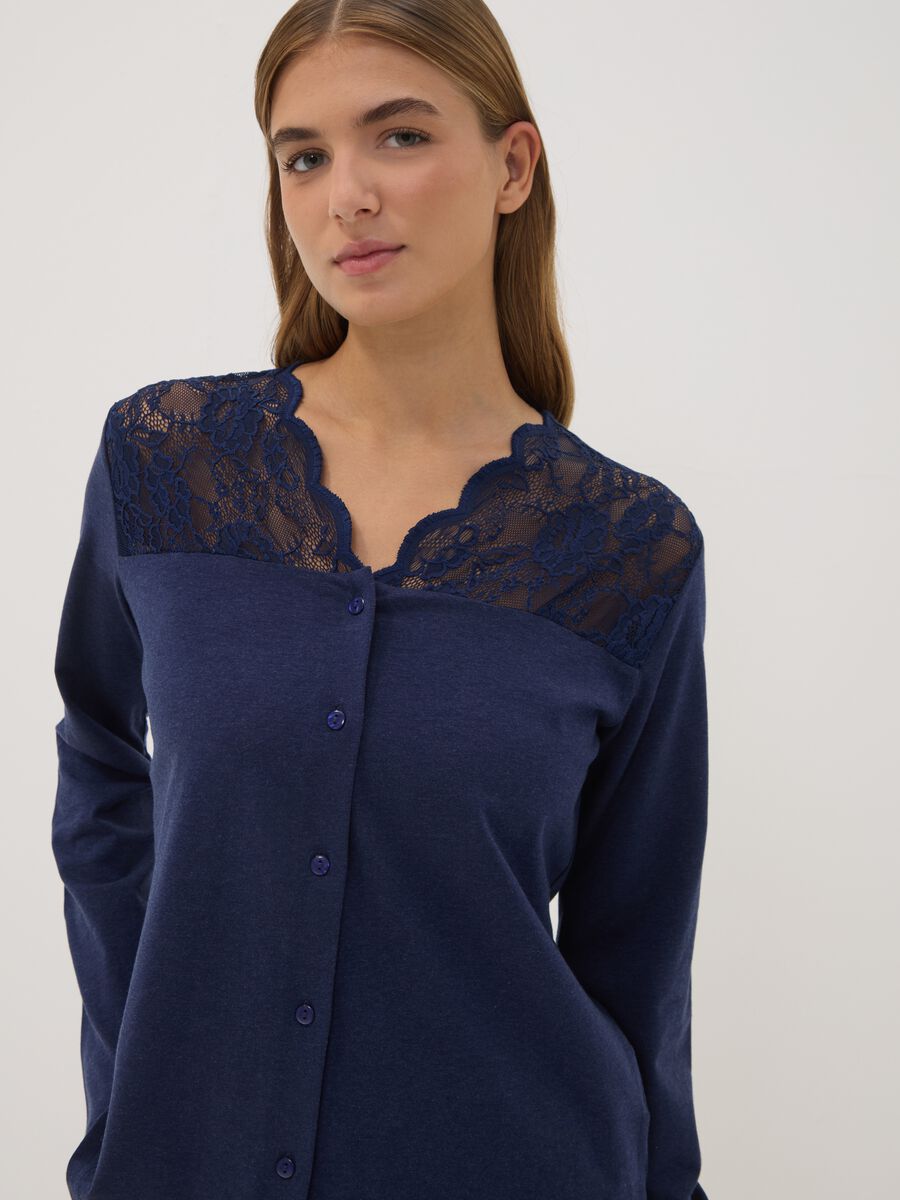 Blue V-neck pyjama top in stretchy cotton, lyocell and wool_2