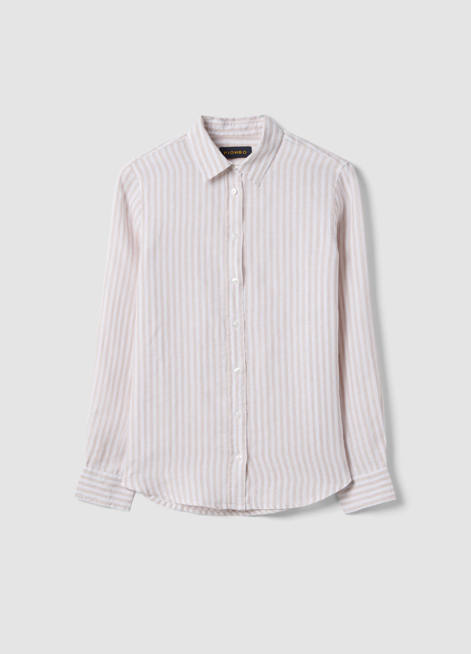 Pure linen striped shirt in white and beige regular fit