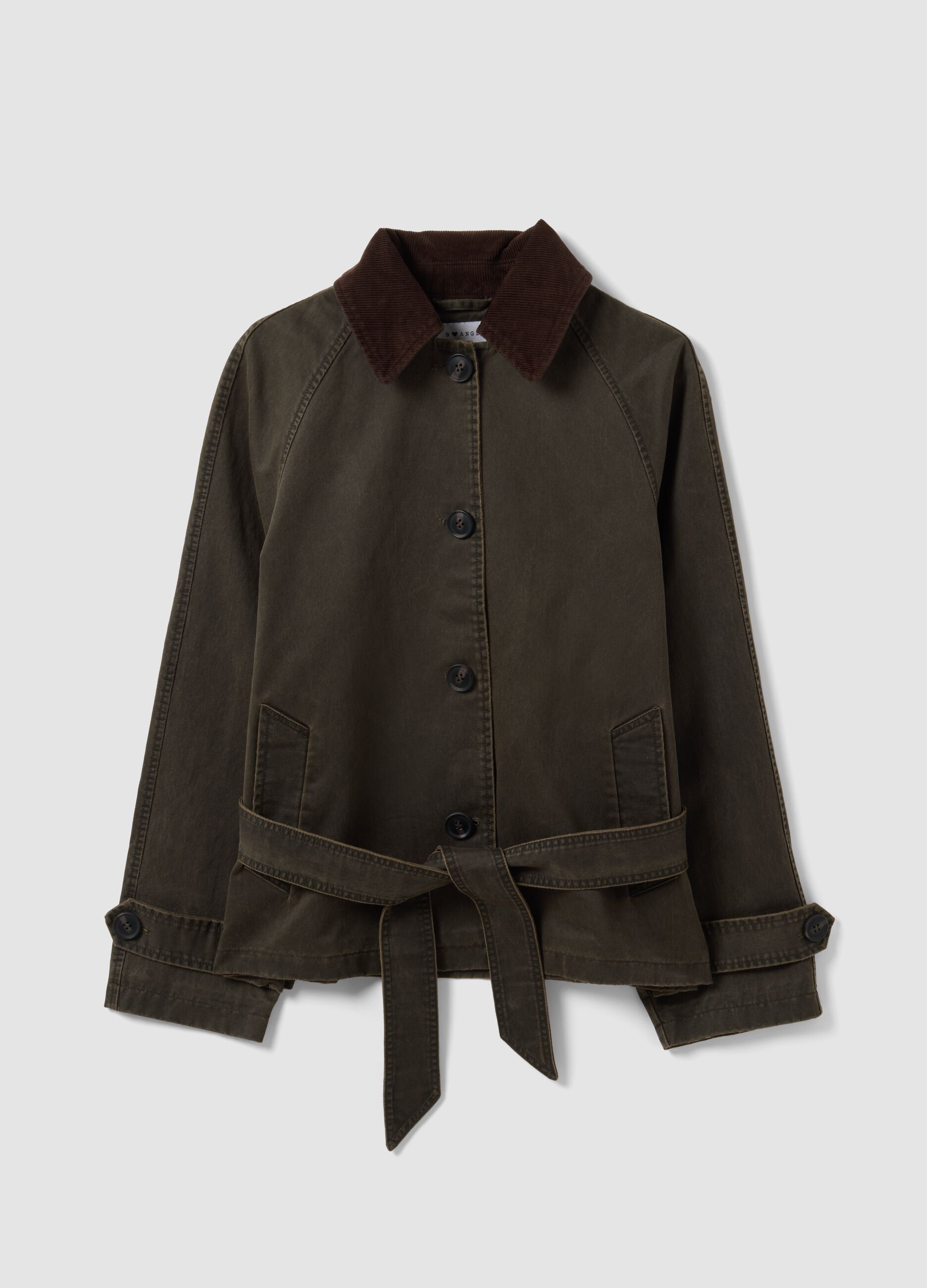 Gr&uuml;ner Trenchcoat aus Baumwollmischung mit Kontrastkragen, Regular Fit