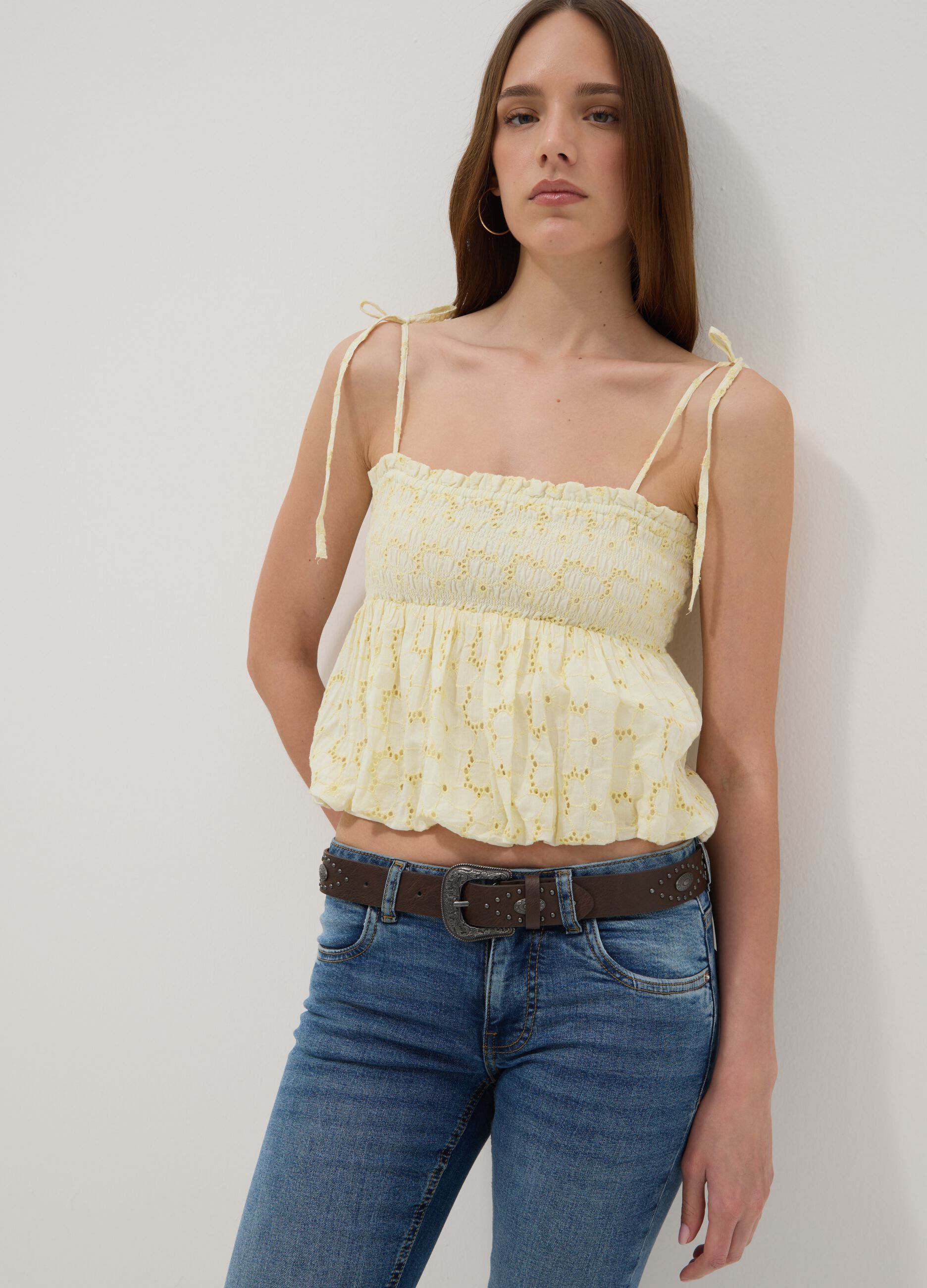 Yellow pure cotton cropped top with thin straps