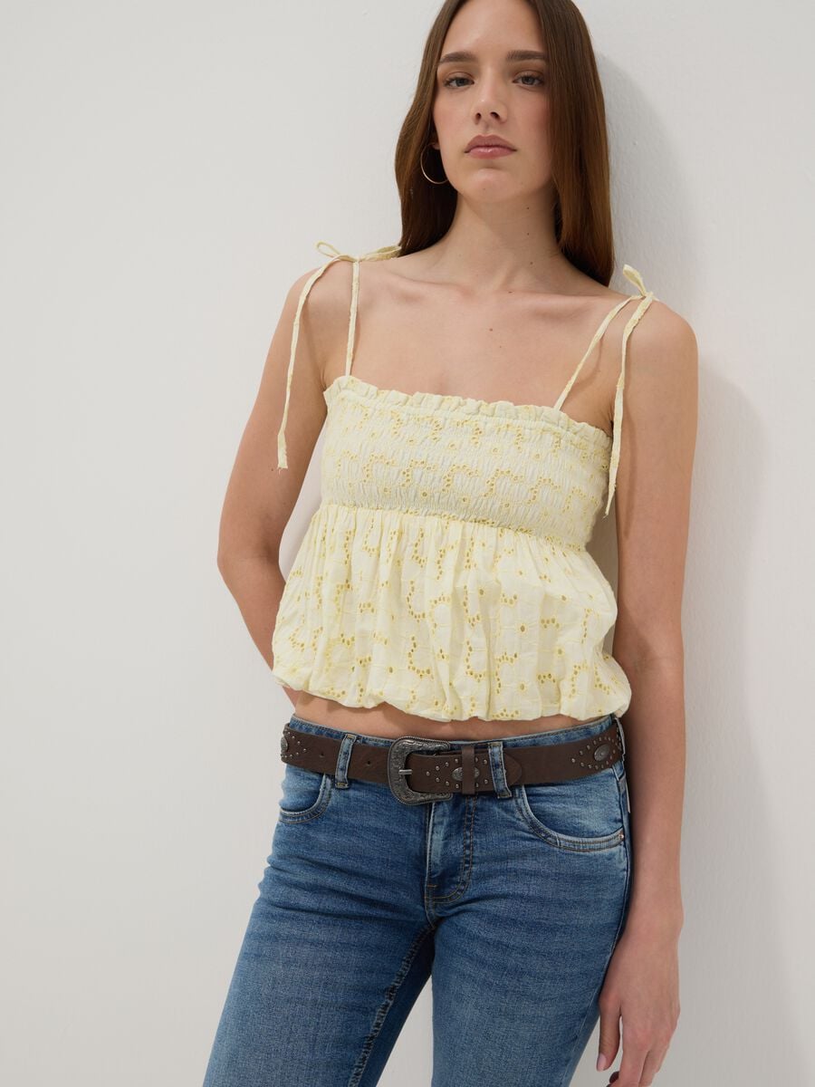 Yellow pure cotton cropped top with thin straps_1
