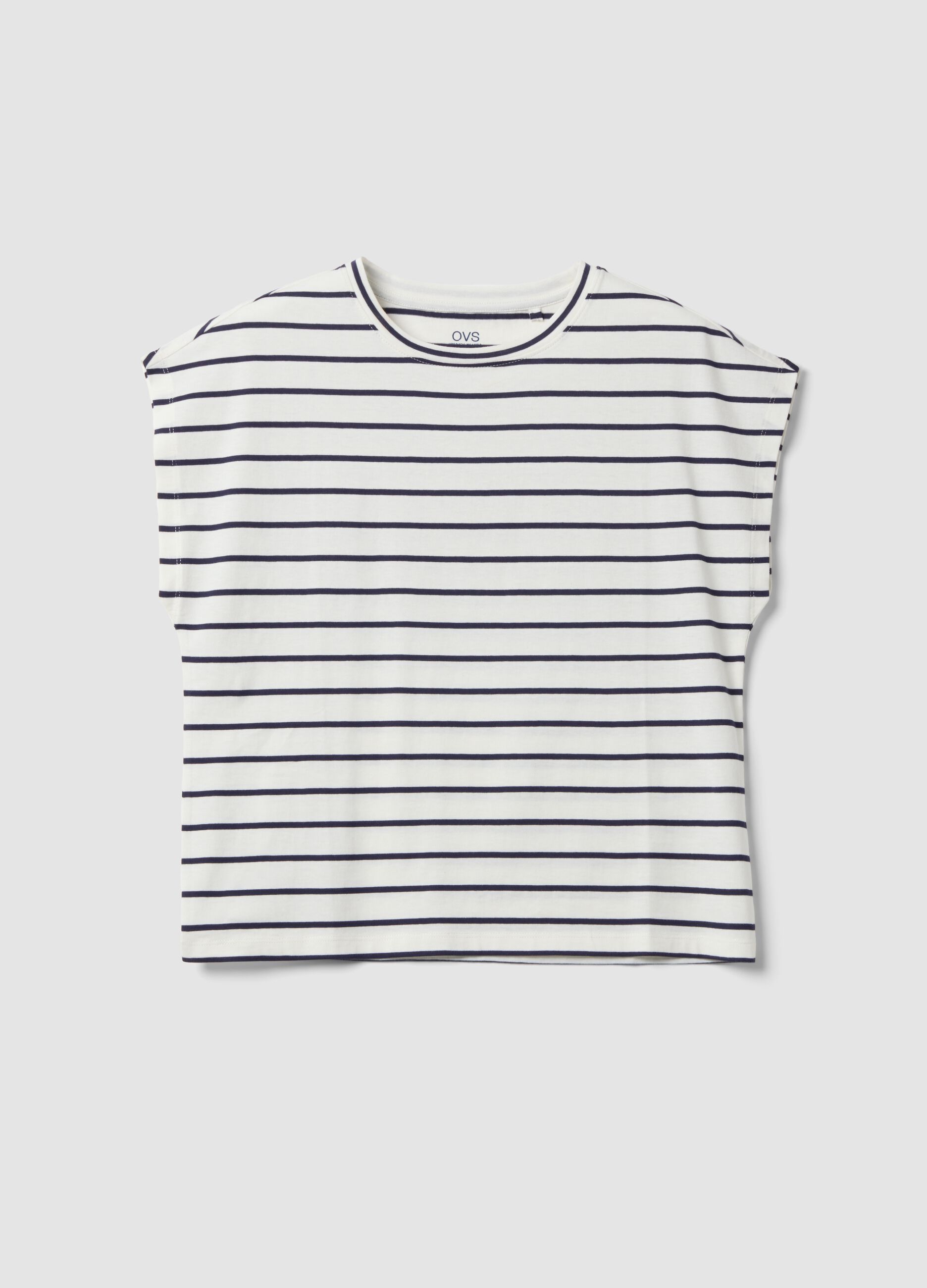 White pure cotton T-shirt with blue stripes, regular fit