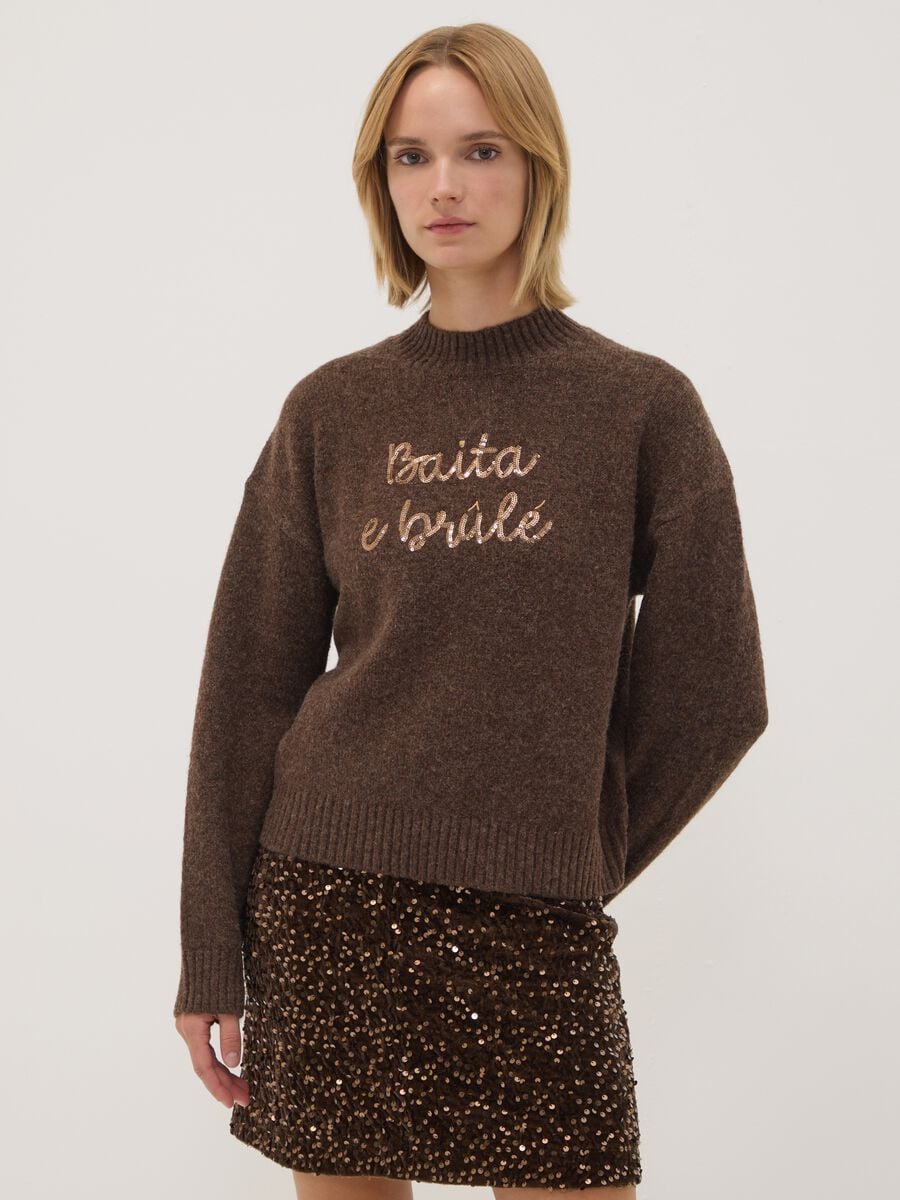 Brown wool-blend jumper with high neck, oversized fit_0